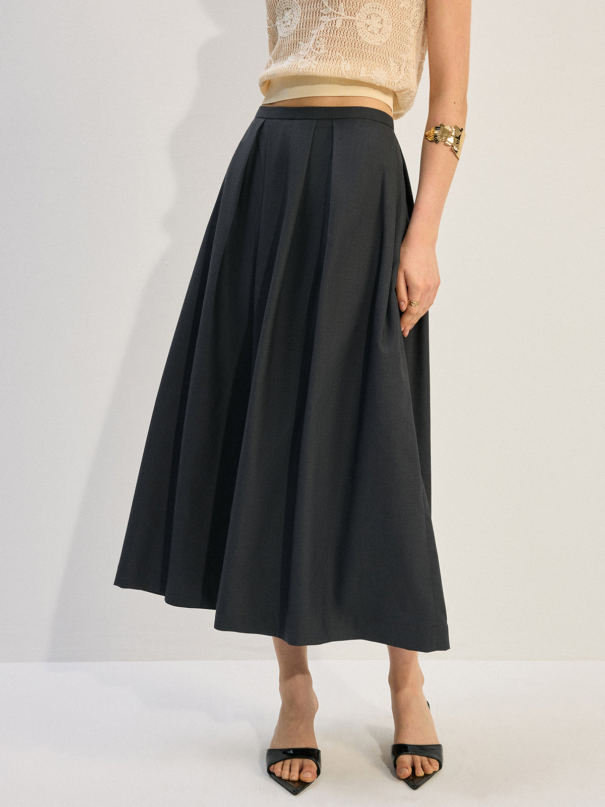 Pleated A-Line Midi Skirt-Chicvia