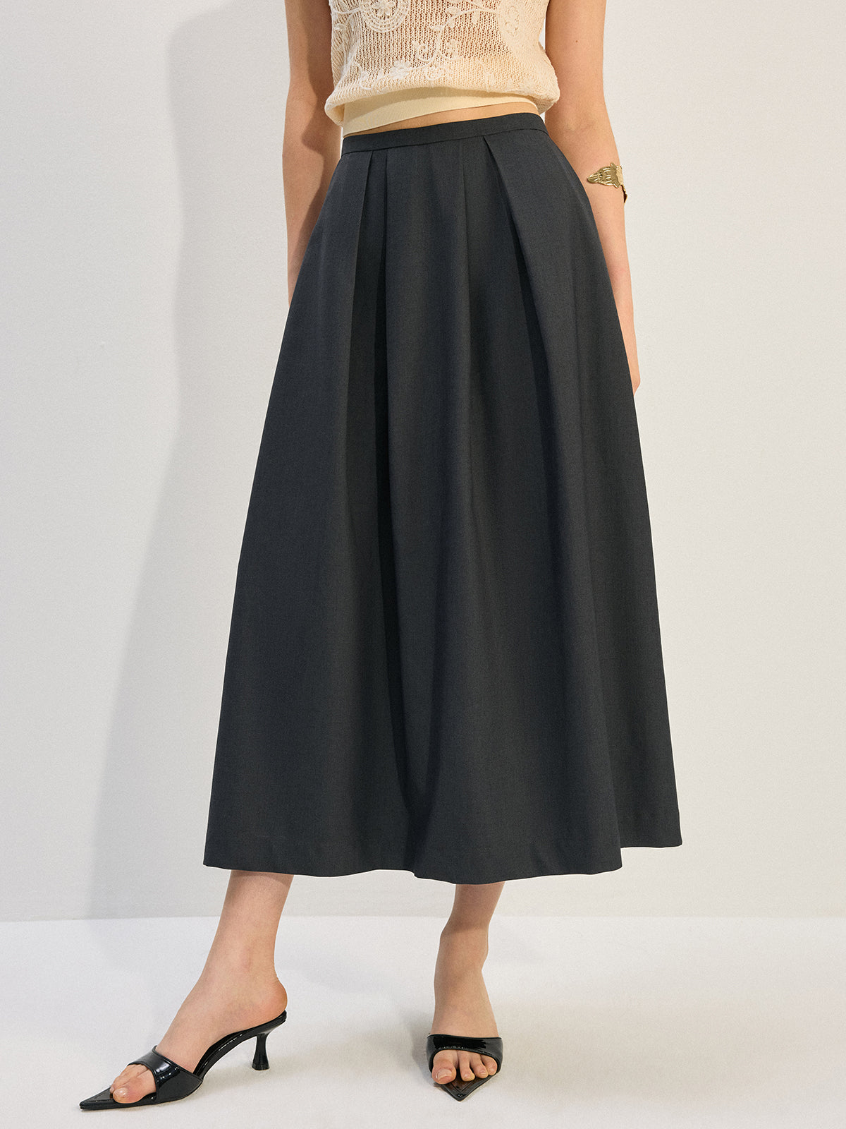 Pleated A-Line Midi Skirt-Chicvia