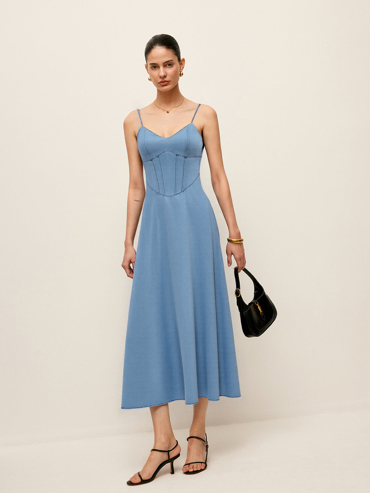 Denim Spaghetti Strap Midi Dress-Chicvia