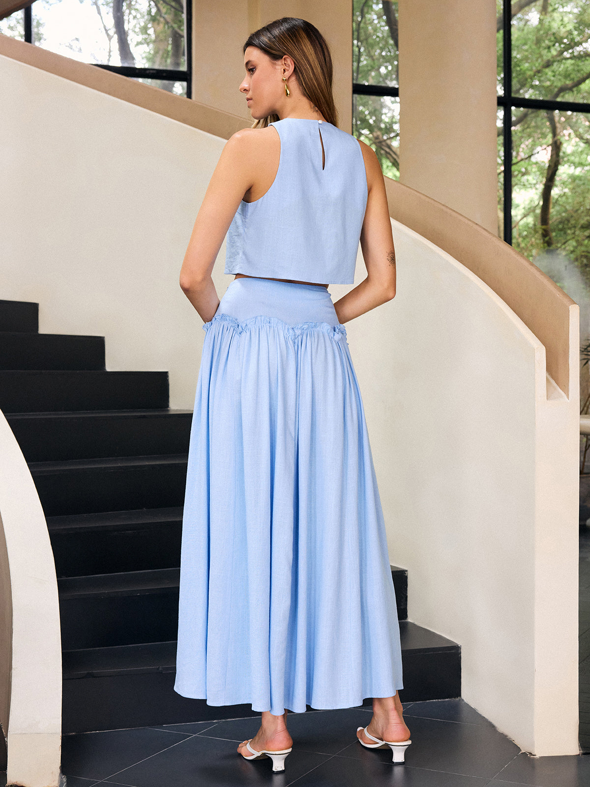 Linen & Cotton Ruffled Maxi Skirt Set-Chicvia