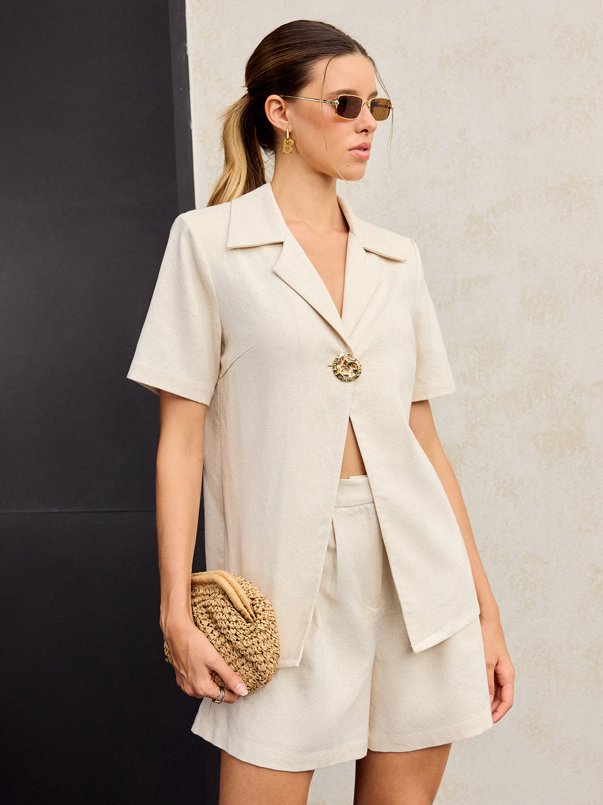 Cotton & Linen Metal Decor Shorts Set-Chicvia