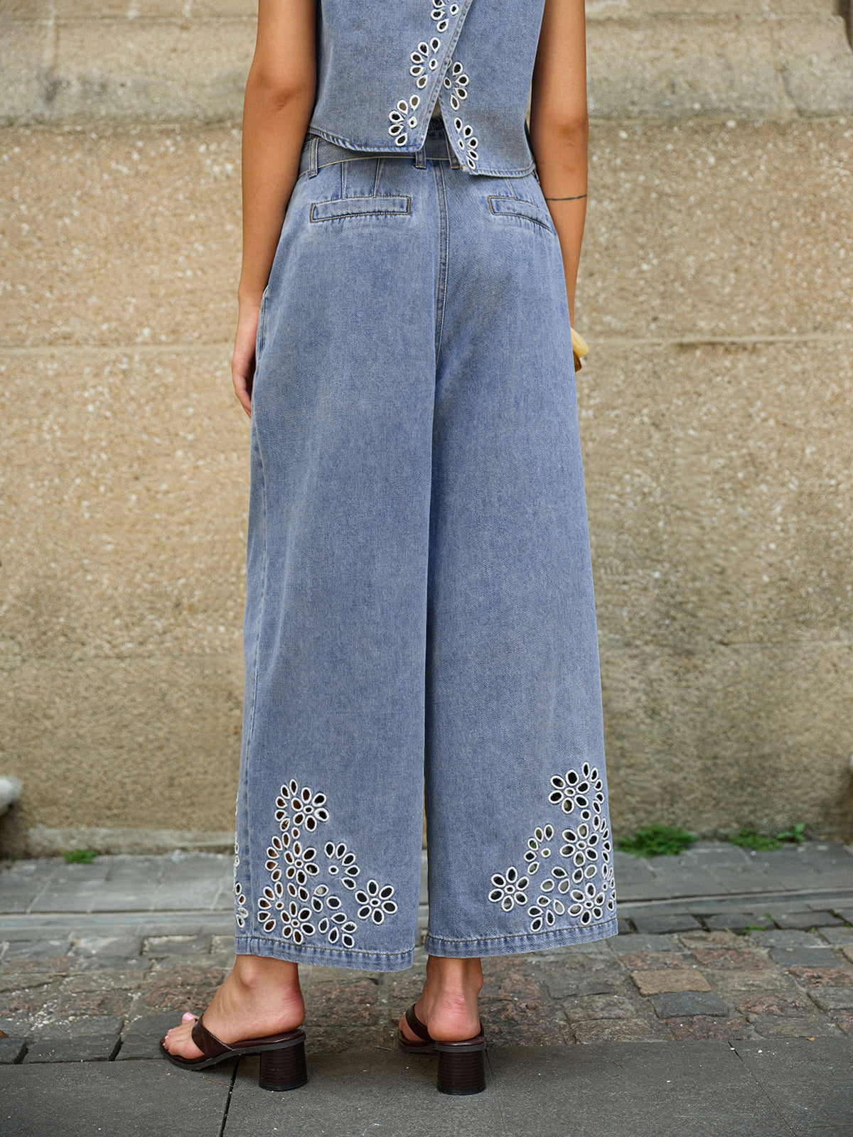 Denim Embroidery Tie-Waist Pants-Chicvia
