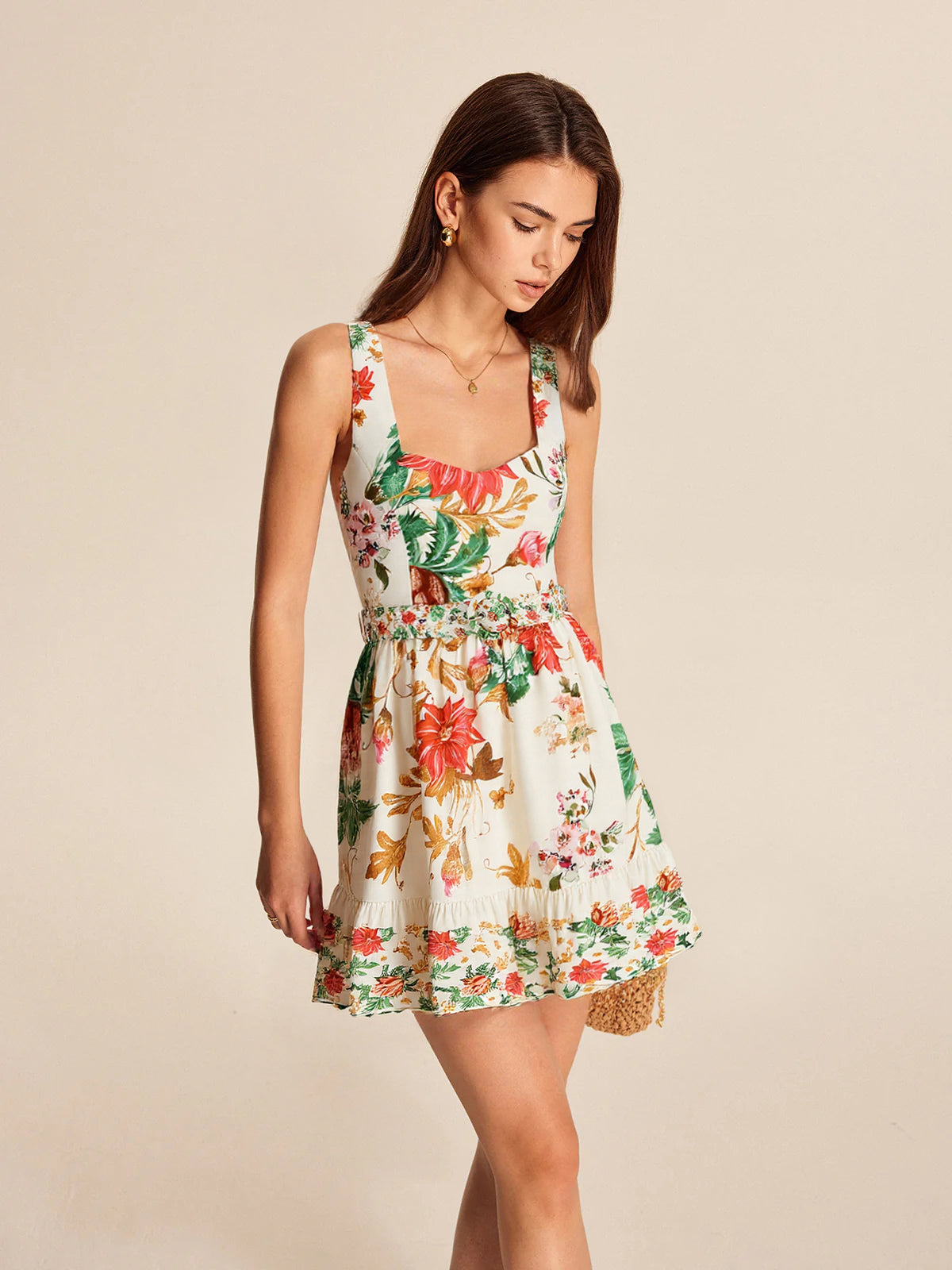 Floral Print Sleeveless Mini Dress-Chicvia