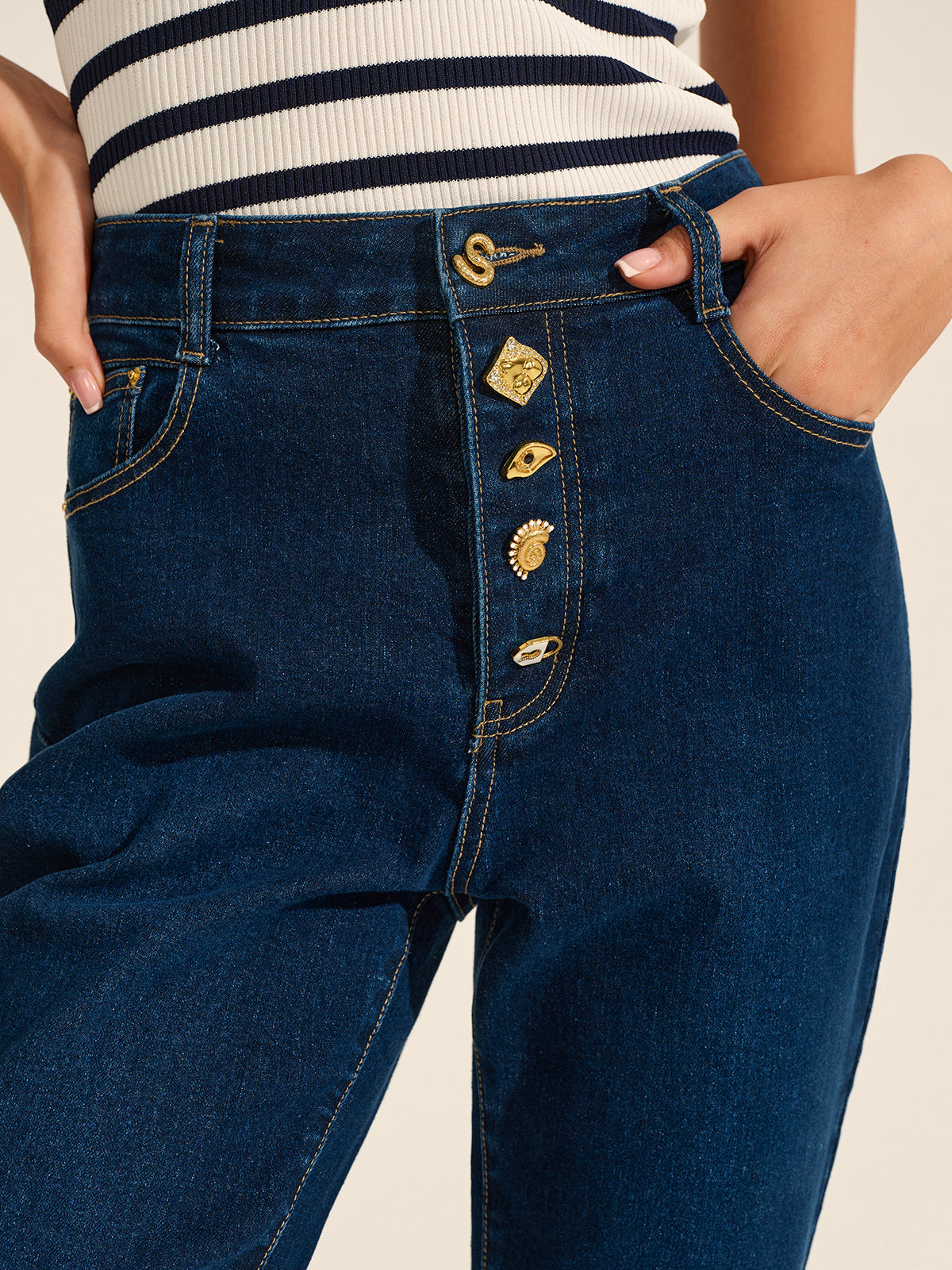 Denim Metal Decor Flared Pants-Chicvia
