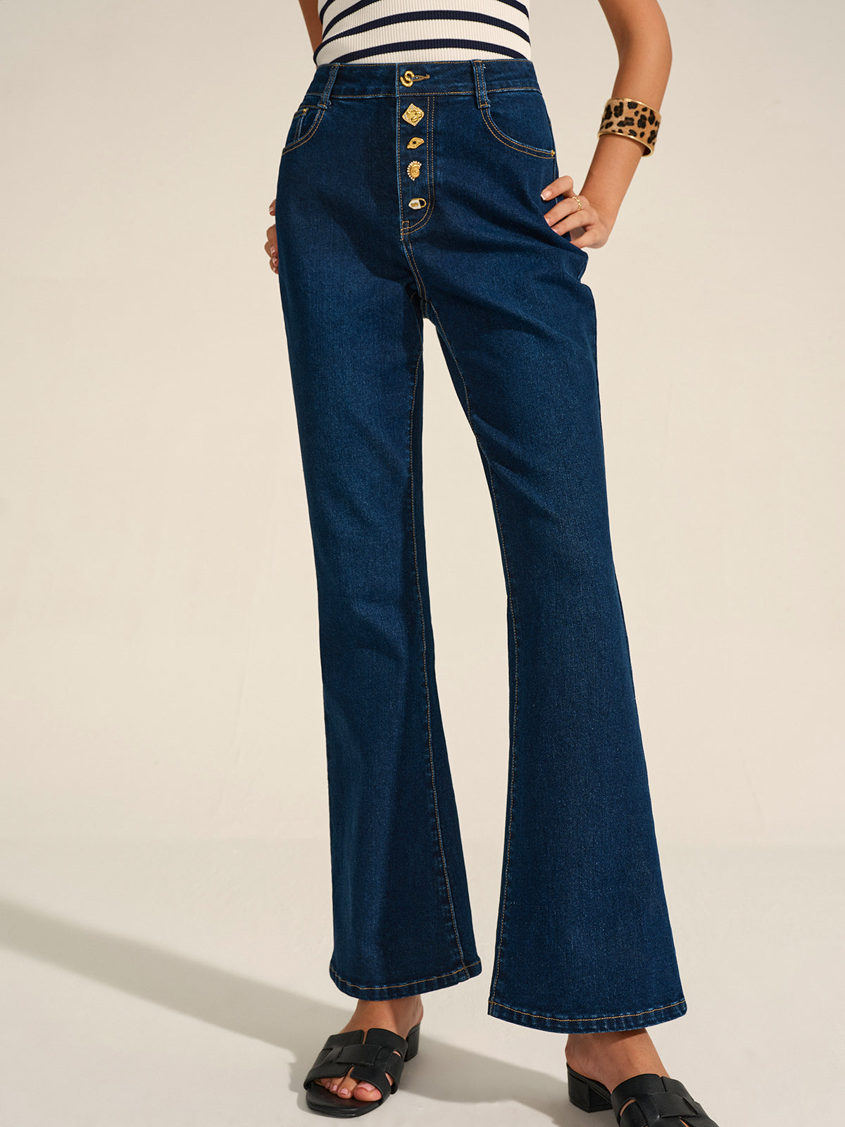 Denim Metal Decor Flared Pants-Chicvia