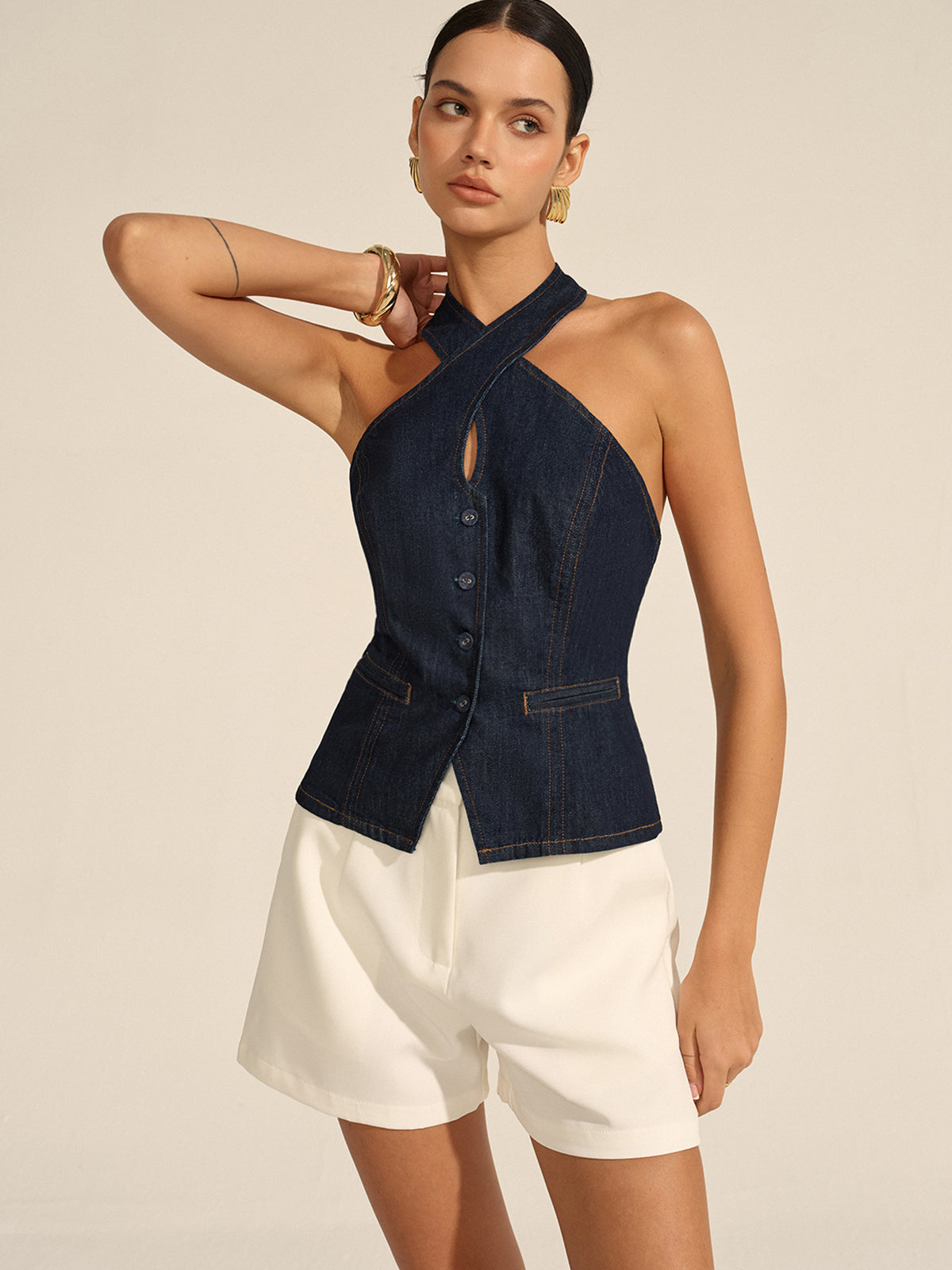 Denim Halter Crisscross Backless Top-Chicvia