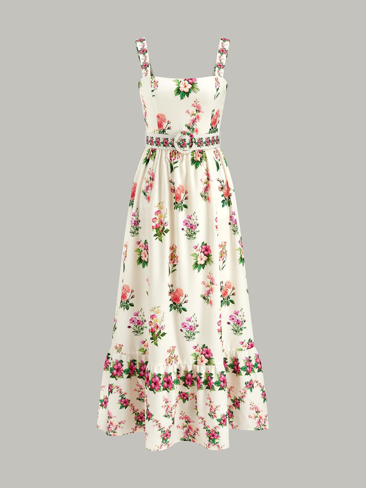 Floral Print Belted Midi Dress-Chicvia