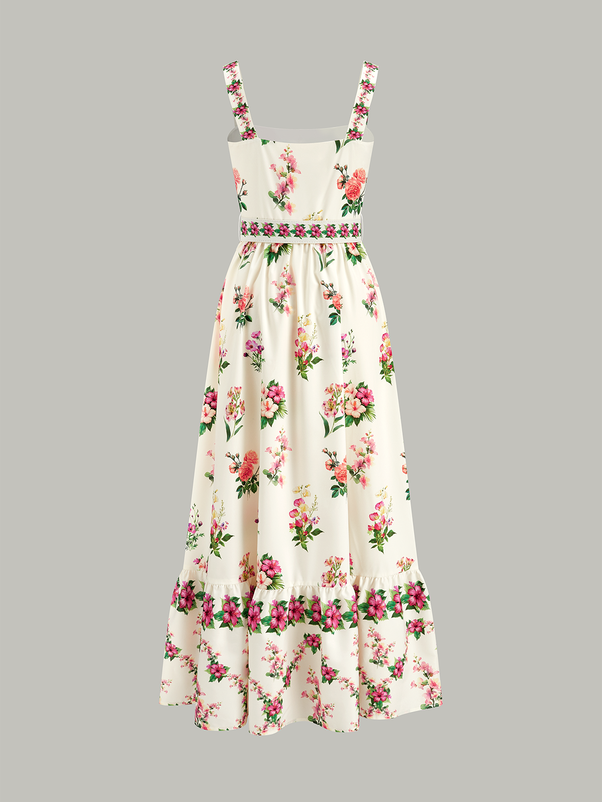 Floral Print Belted Midi Dress-Chicvia