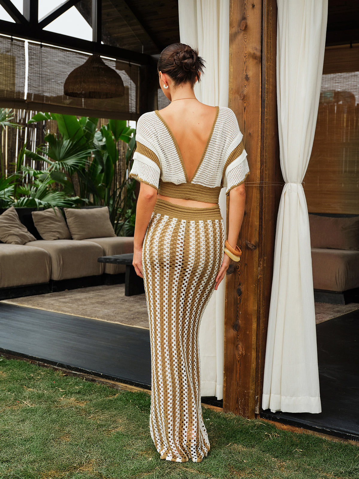 Crochet Stripe Skirt Set With Tassel Tie Waist-Chicvia