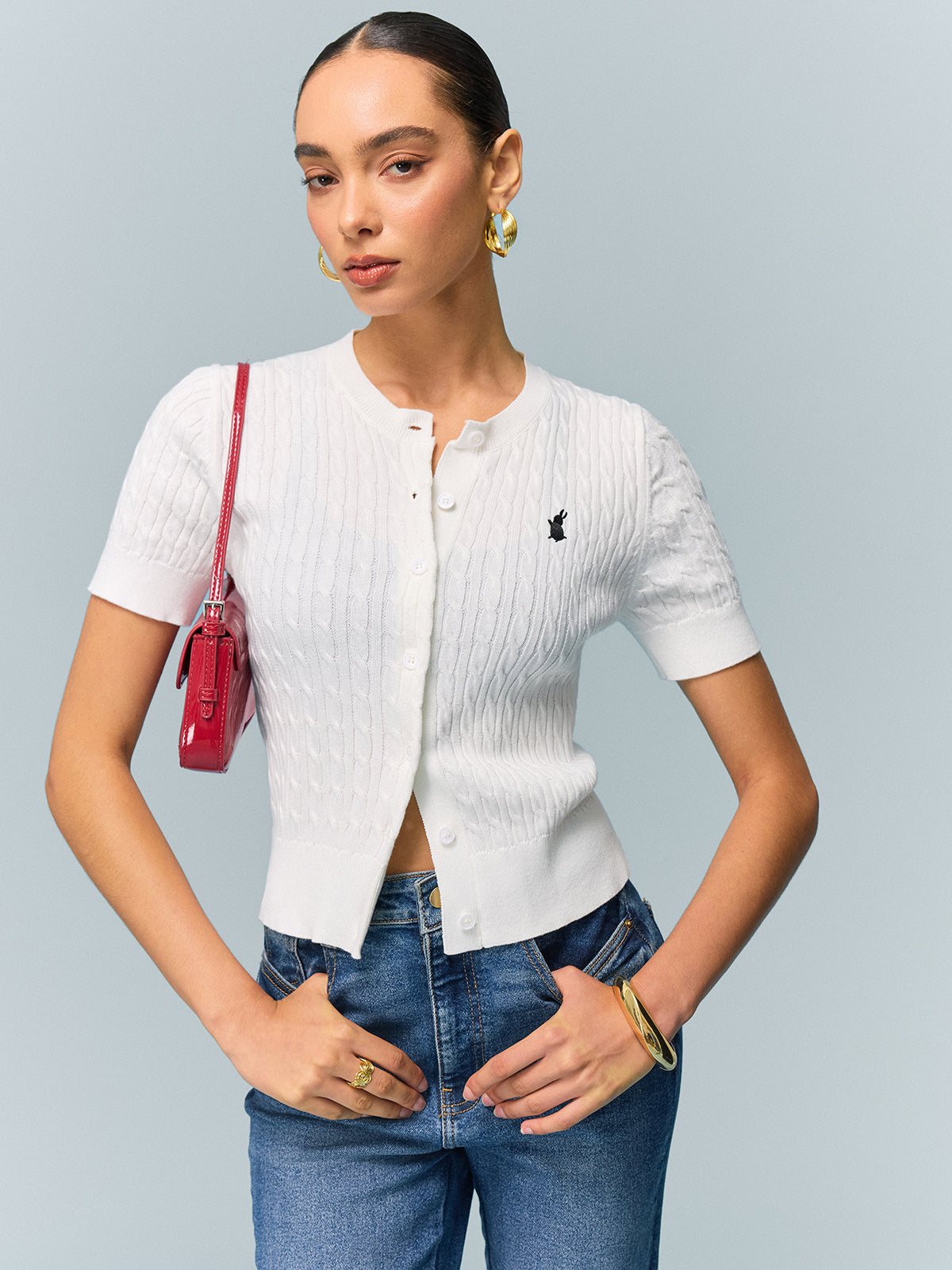 Cable Knit Short Sleeve Top-Chicvia