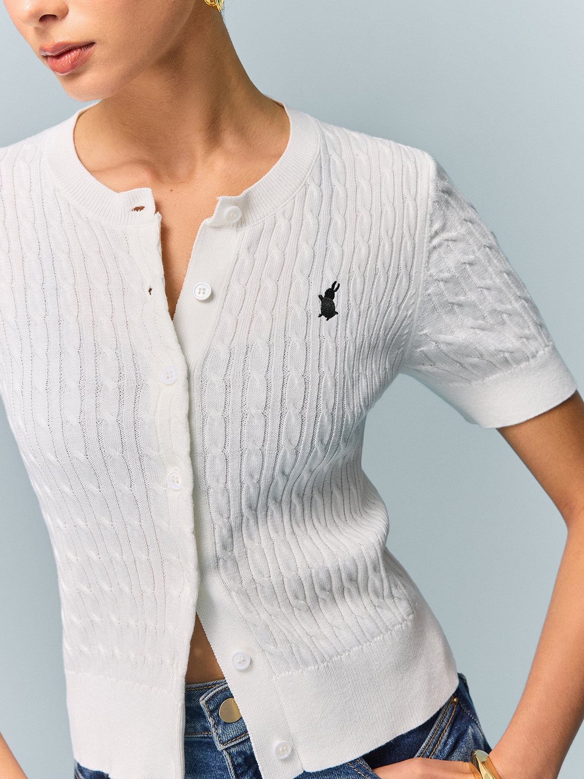 Cable Knit Short Sleeve Top-Chicvia