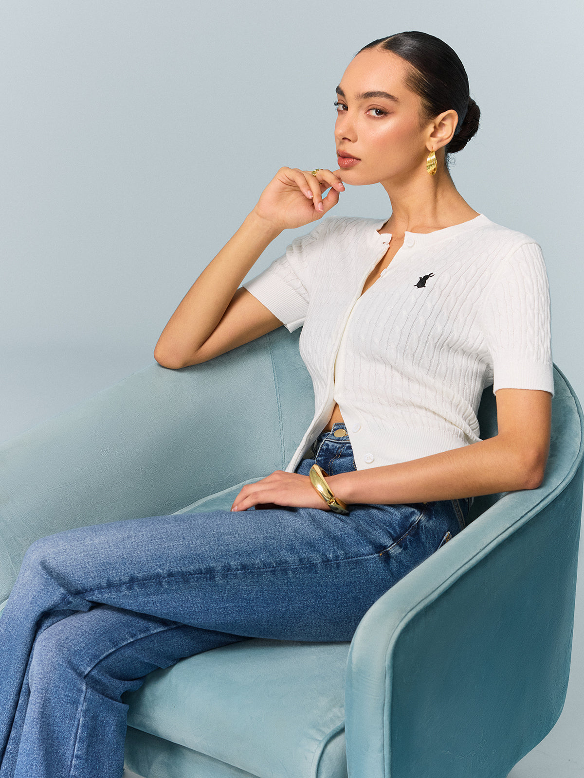 Cable Knit Short Sleeve Top-Chicvia