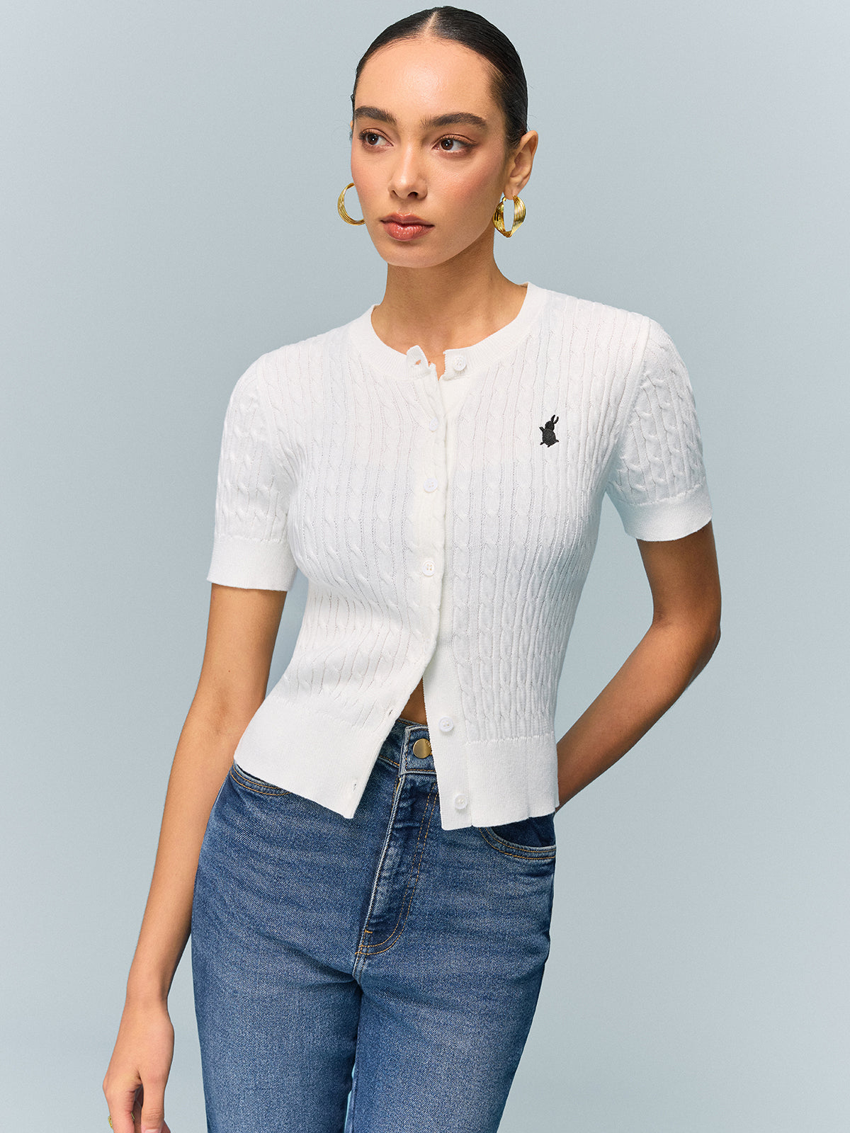 Cable Knit Short Sleeve Top-Chicvia