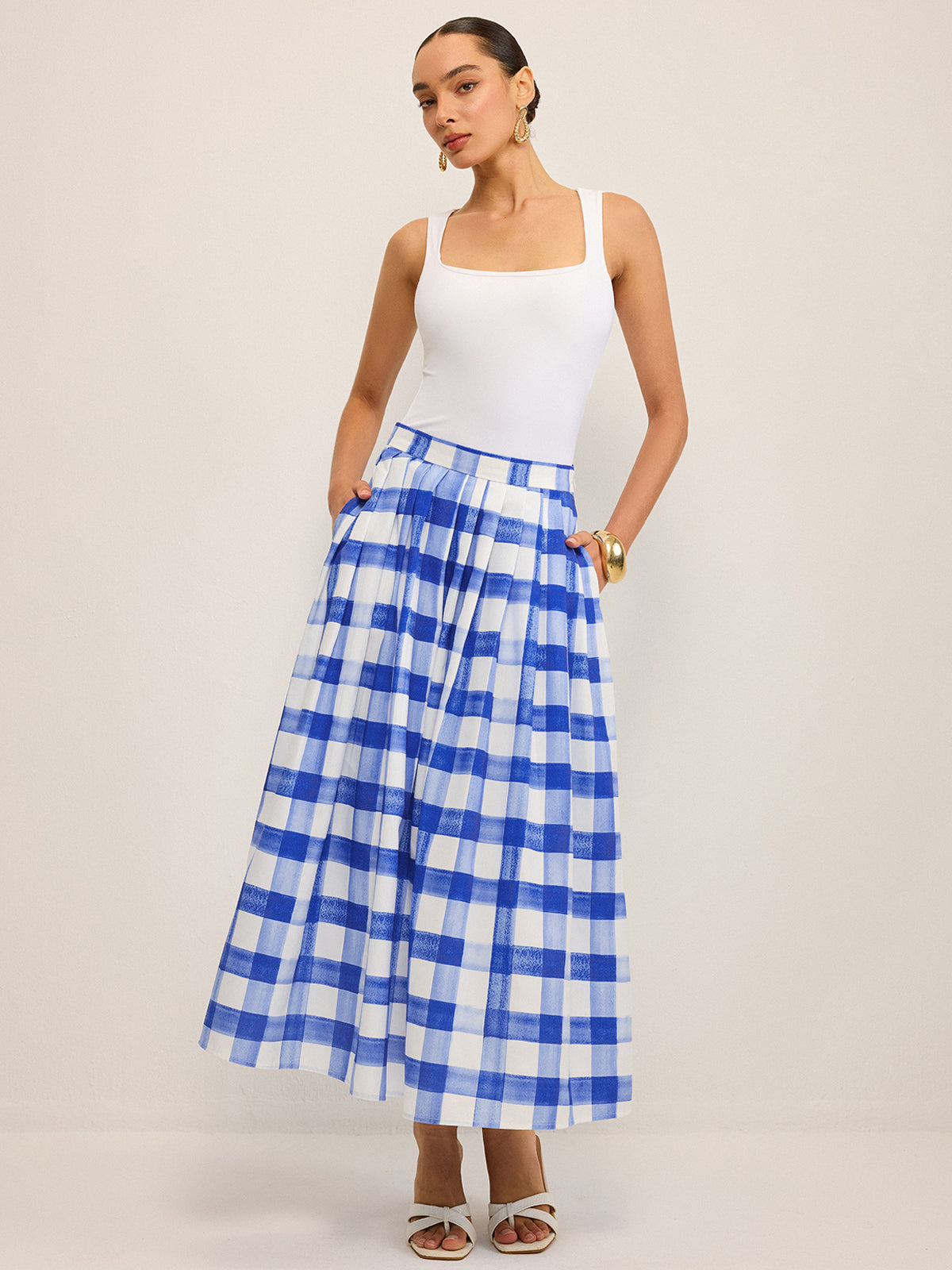 Pocketed Gingham Midi Skirt-Chicvia