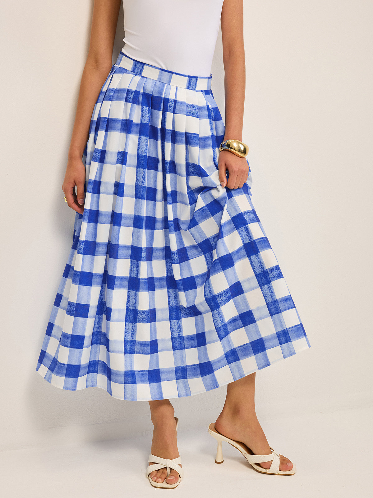 Pocketed Gingham Midi Skirt-Chicvia