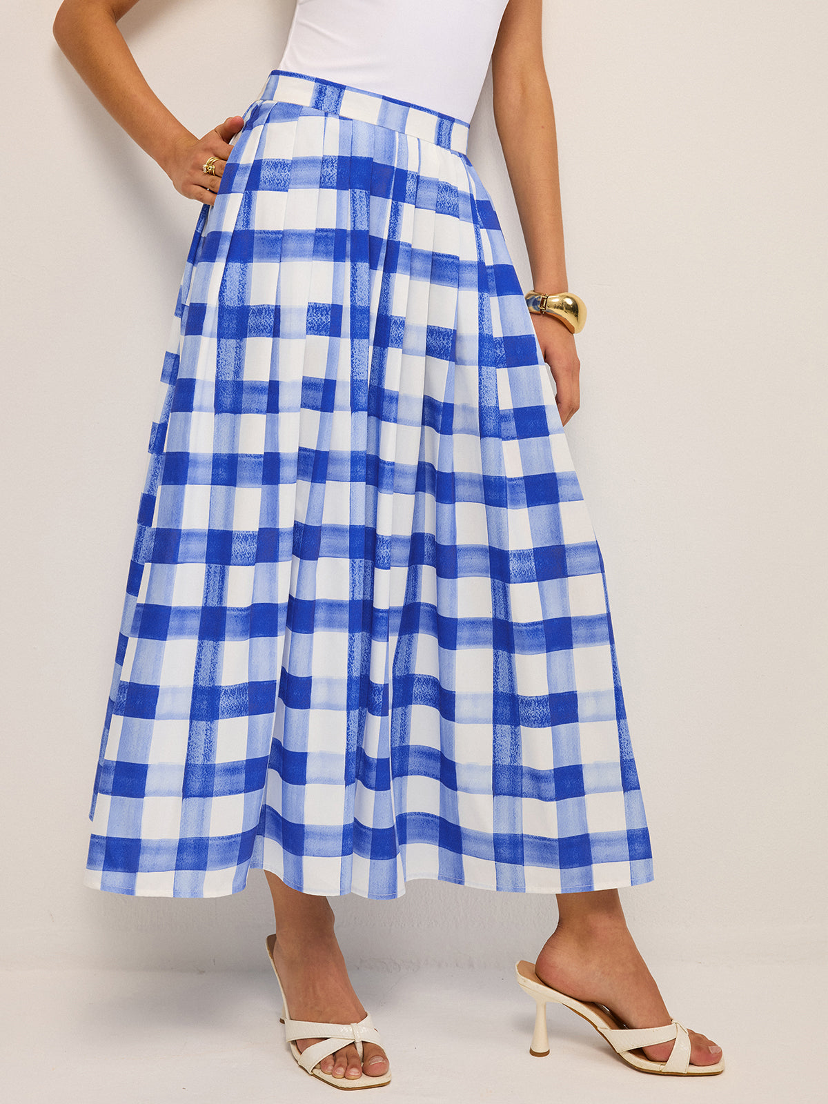 Pocketed Gingham Midi Skirt-Chicvia