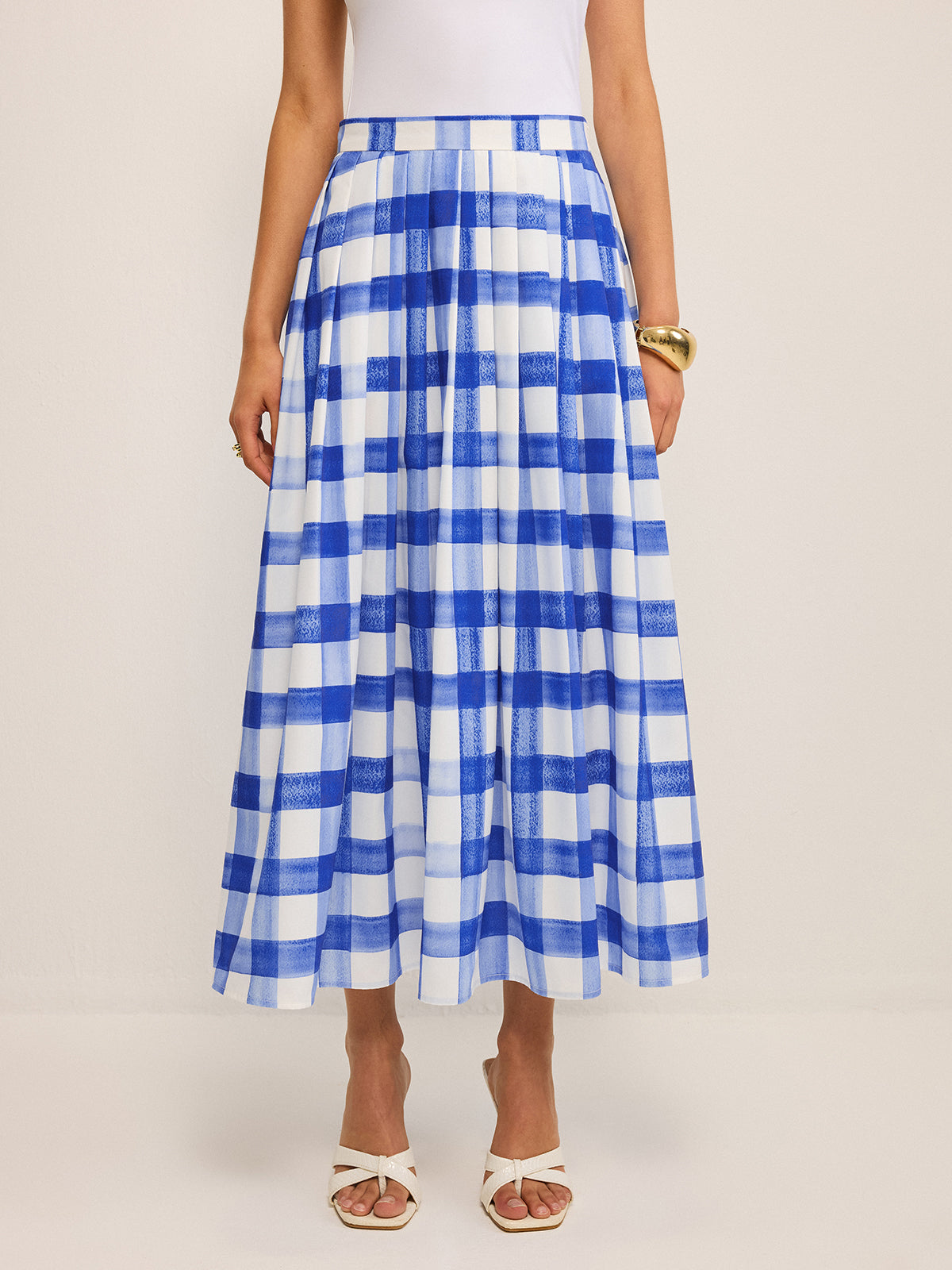 Pocketed Gingham Midi Skirt-Chicvia