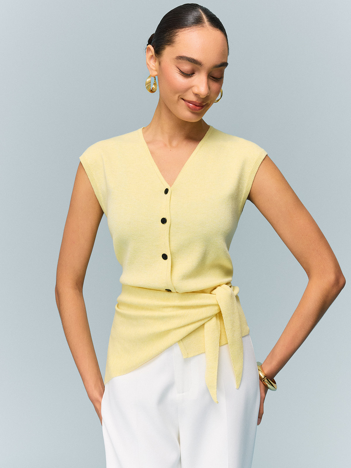 Button Knit Top with Convertible Styling Options-Chicvia