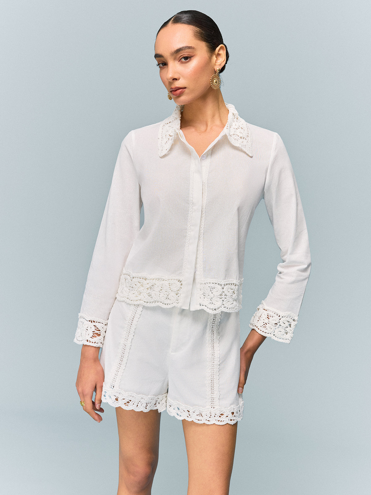 Crochet-Trimmed Shirt-Chicvia