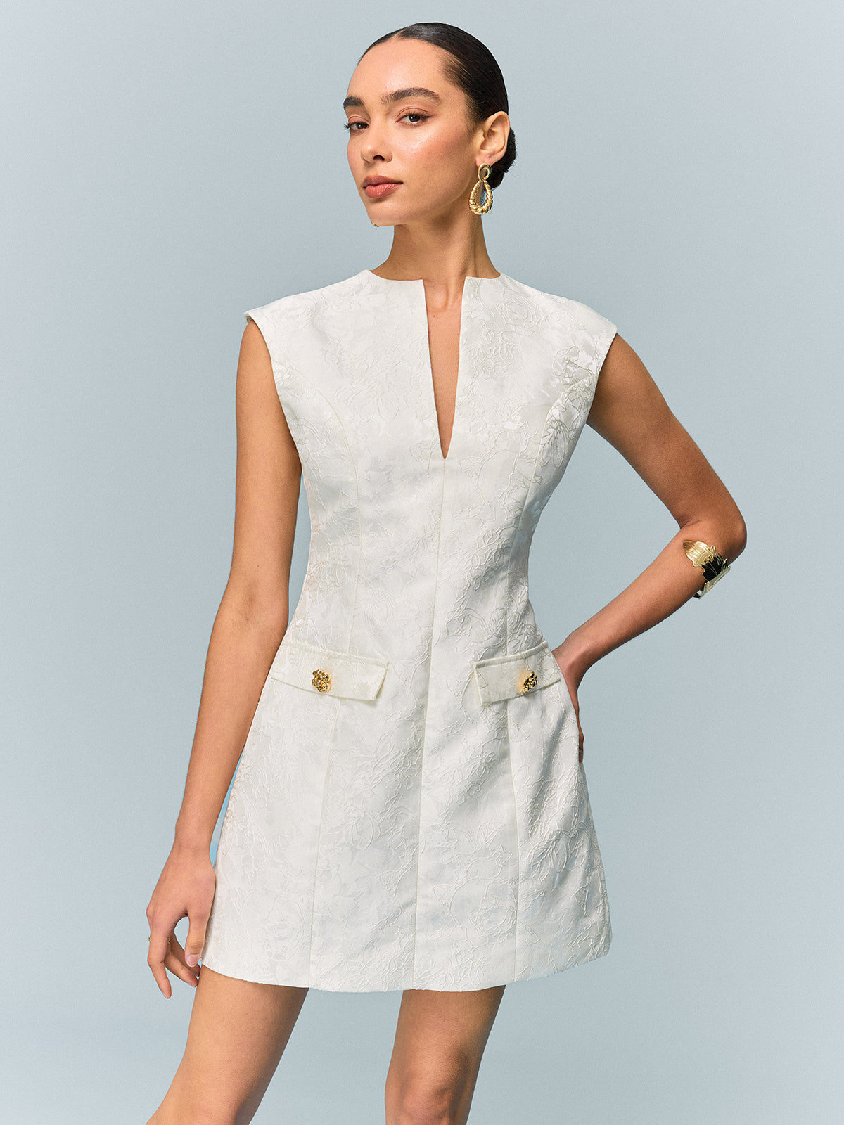 Pocketed Textured Mini Dress with Metal Button-Chicvia