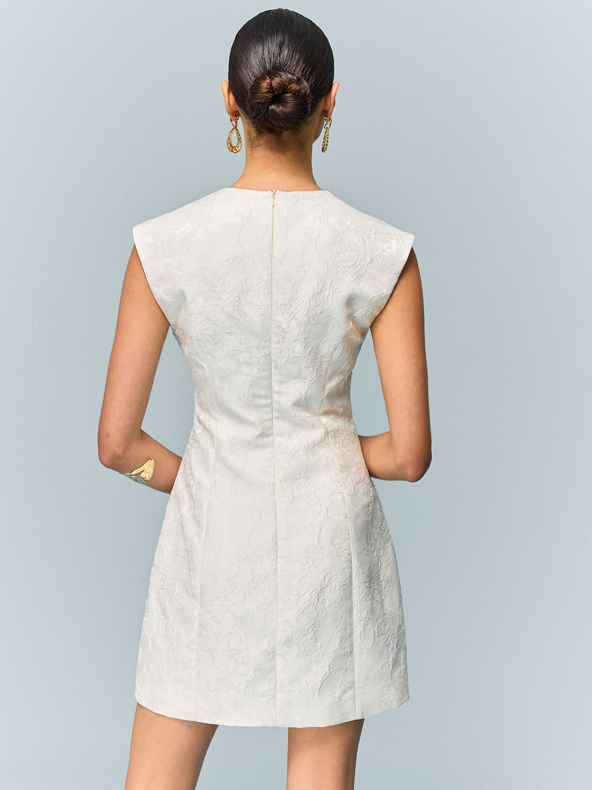 Pocketed Textured Mini Dress with Metal Button-Chicvia