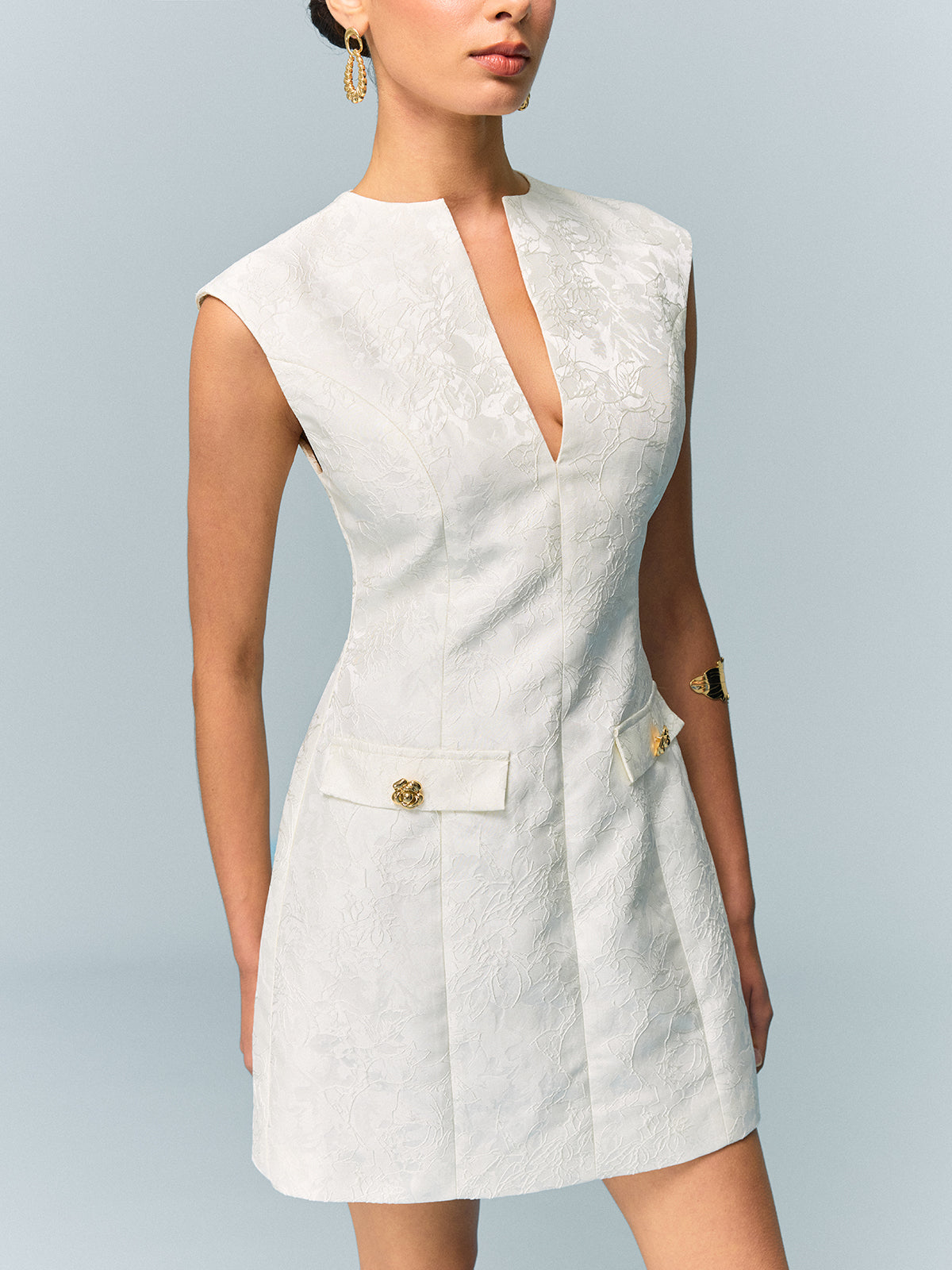 Pocketed Textured Mini Dress with Metal Button-Chicvia