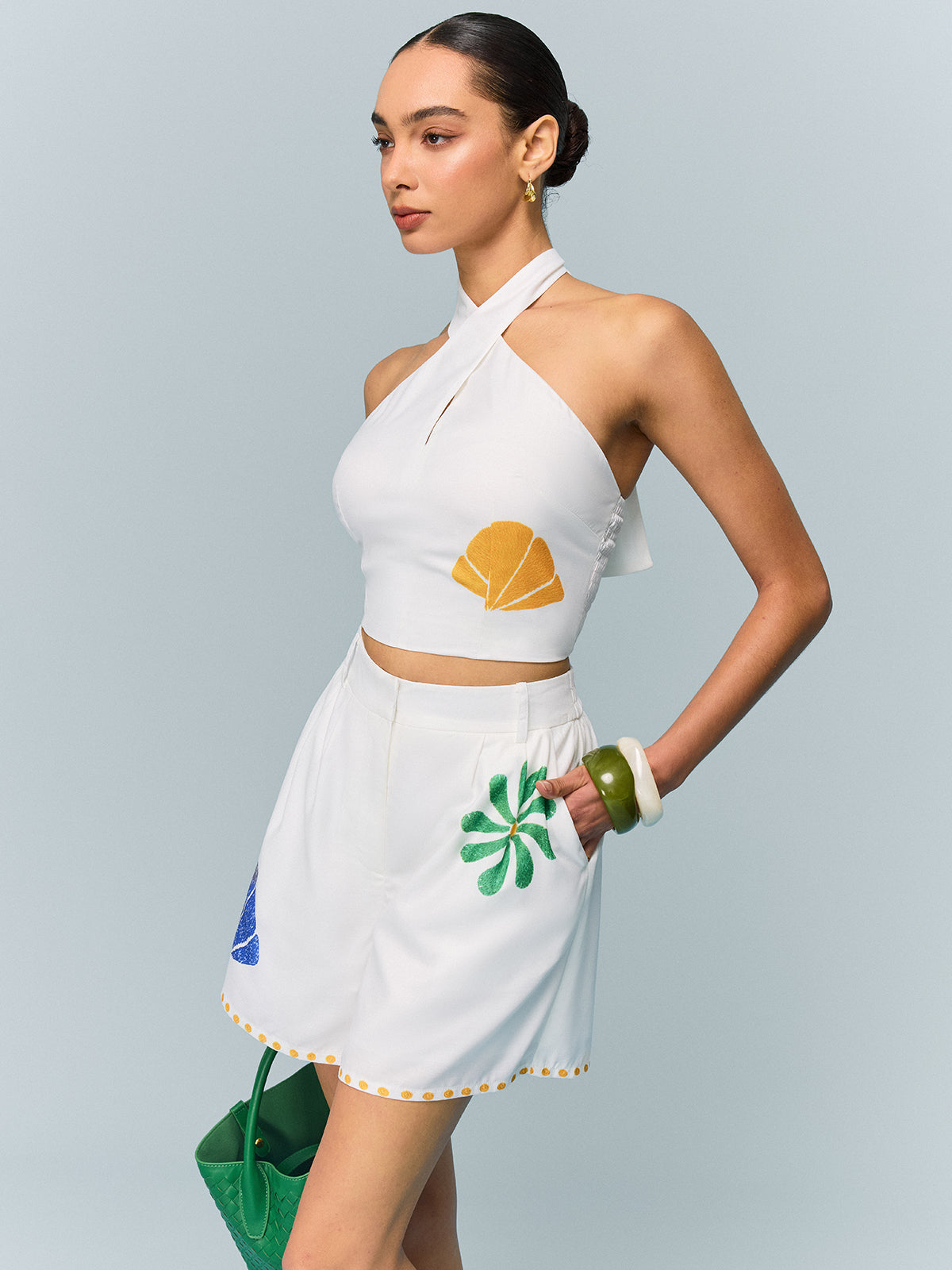 Halter-Neck Crop Top and Printed Shorts Set-Chicvia