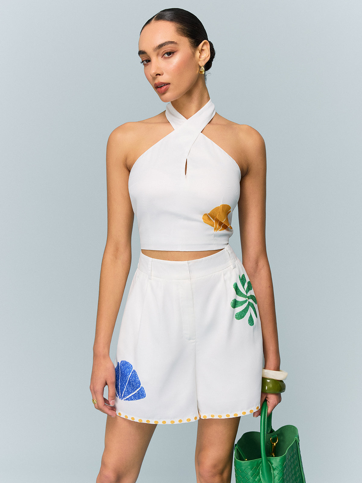 Halter-Neck Crop Top and Printed Shorts Set-Chicvia