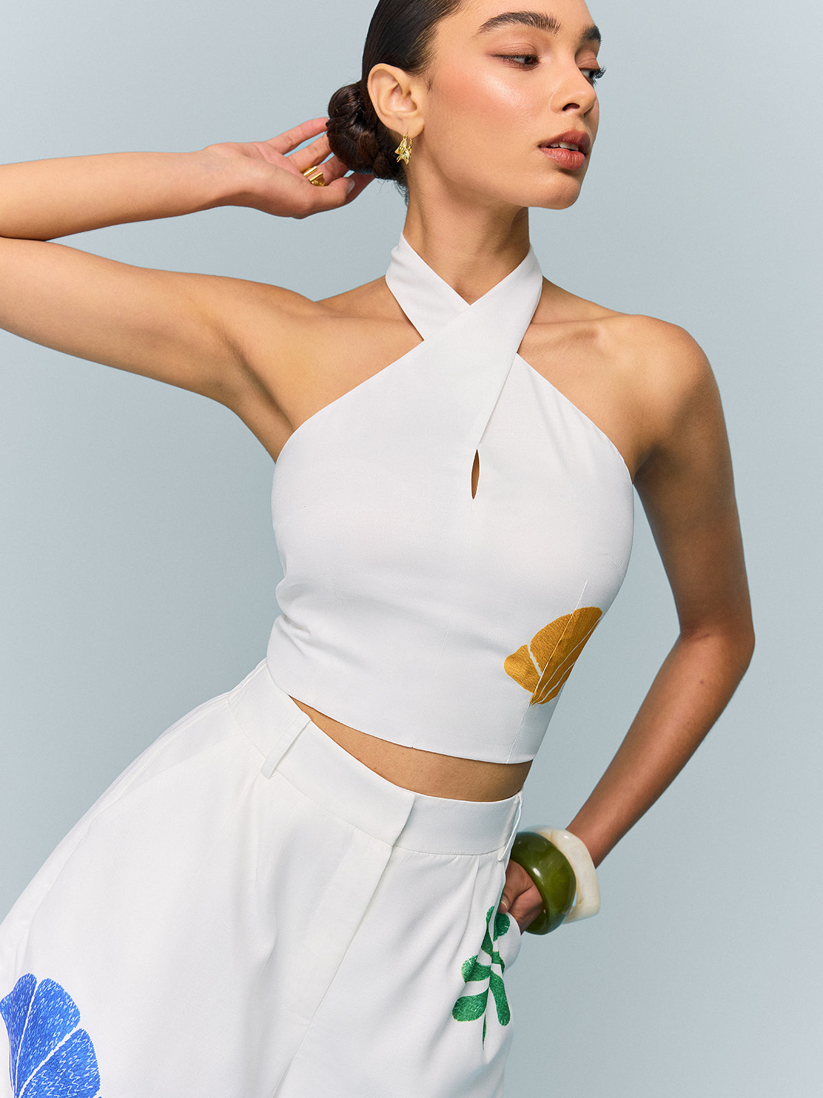 Halter-Neck Crop Top and Printed Shorts Set-Chicvia