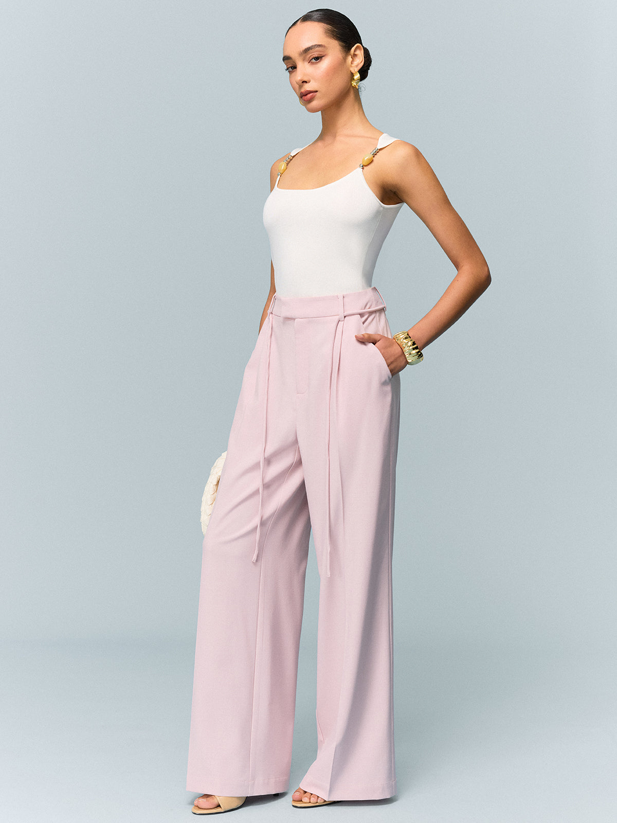 Mid-Waisted Wide-Leg Pants with Tie Detail-Chicvia