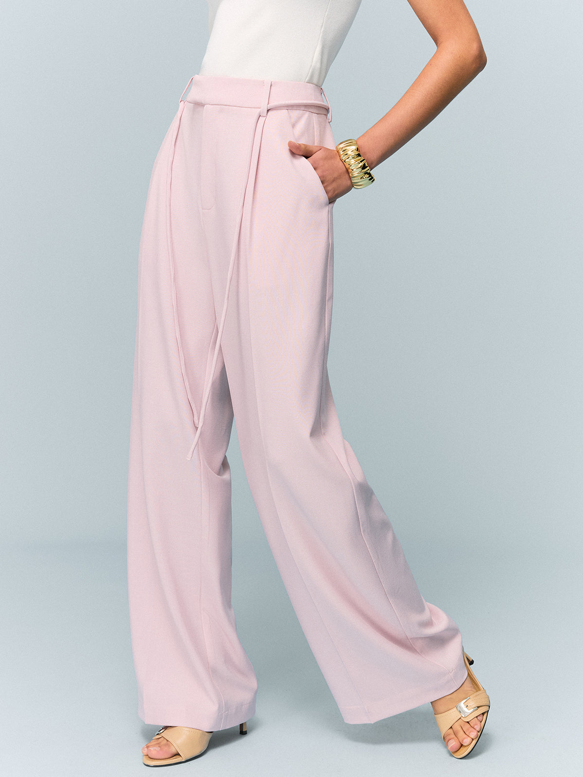 Mid-Waisted Wide-Leg Pants with Tie Detail-Chicvia
