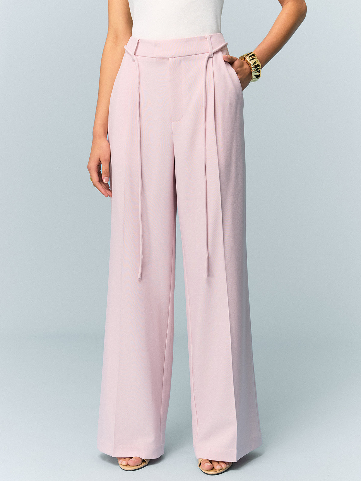 Mid-Waisted Wide-Leg Pants with Tie Detail-Chicvia