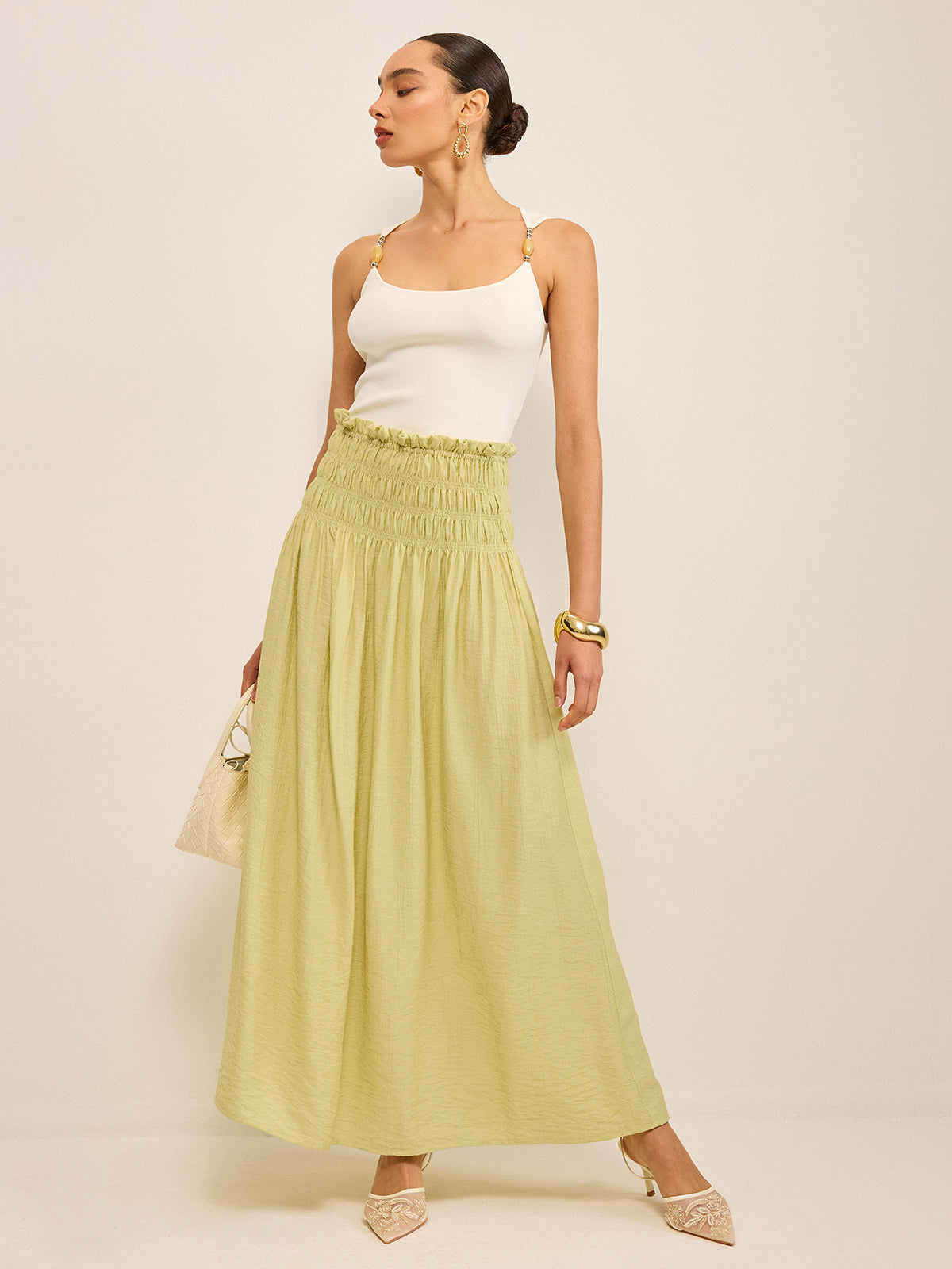 Pleated Linen Smocked Maxi Skirt-Chicvia