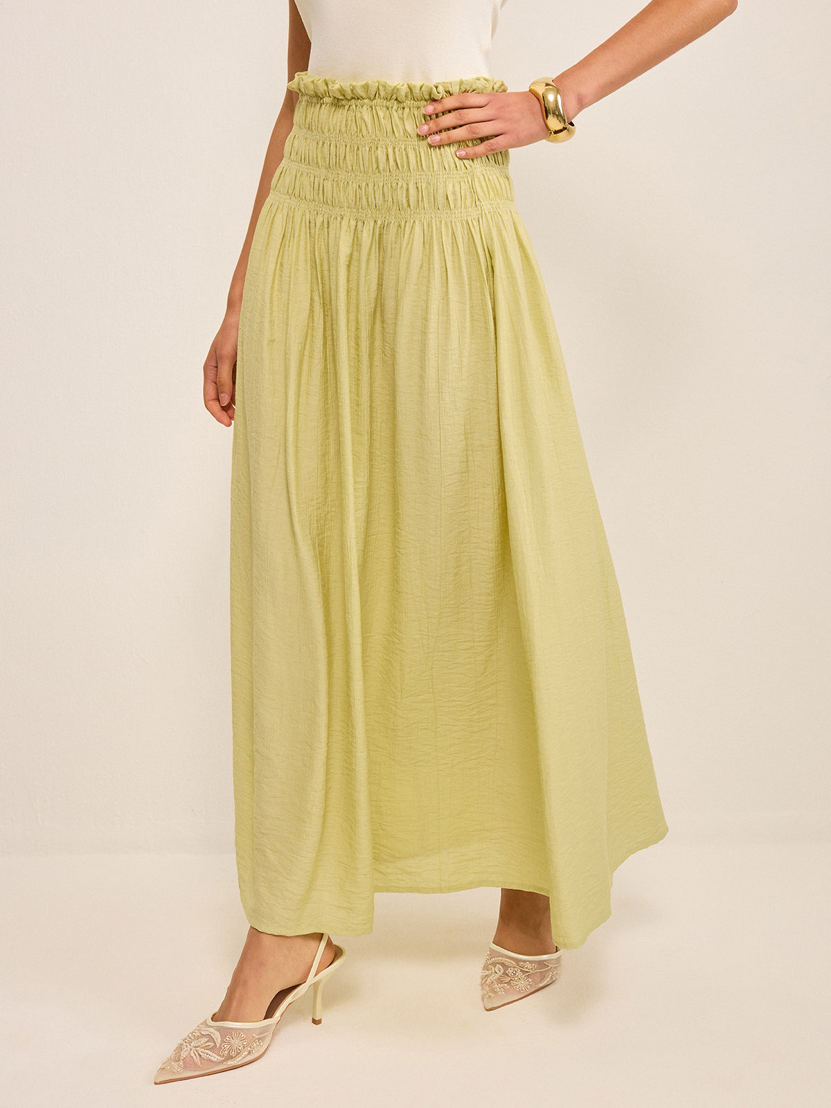 Pleated Linen Smocked Maxi Skirt-Chicvia