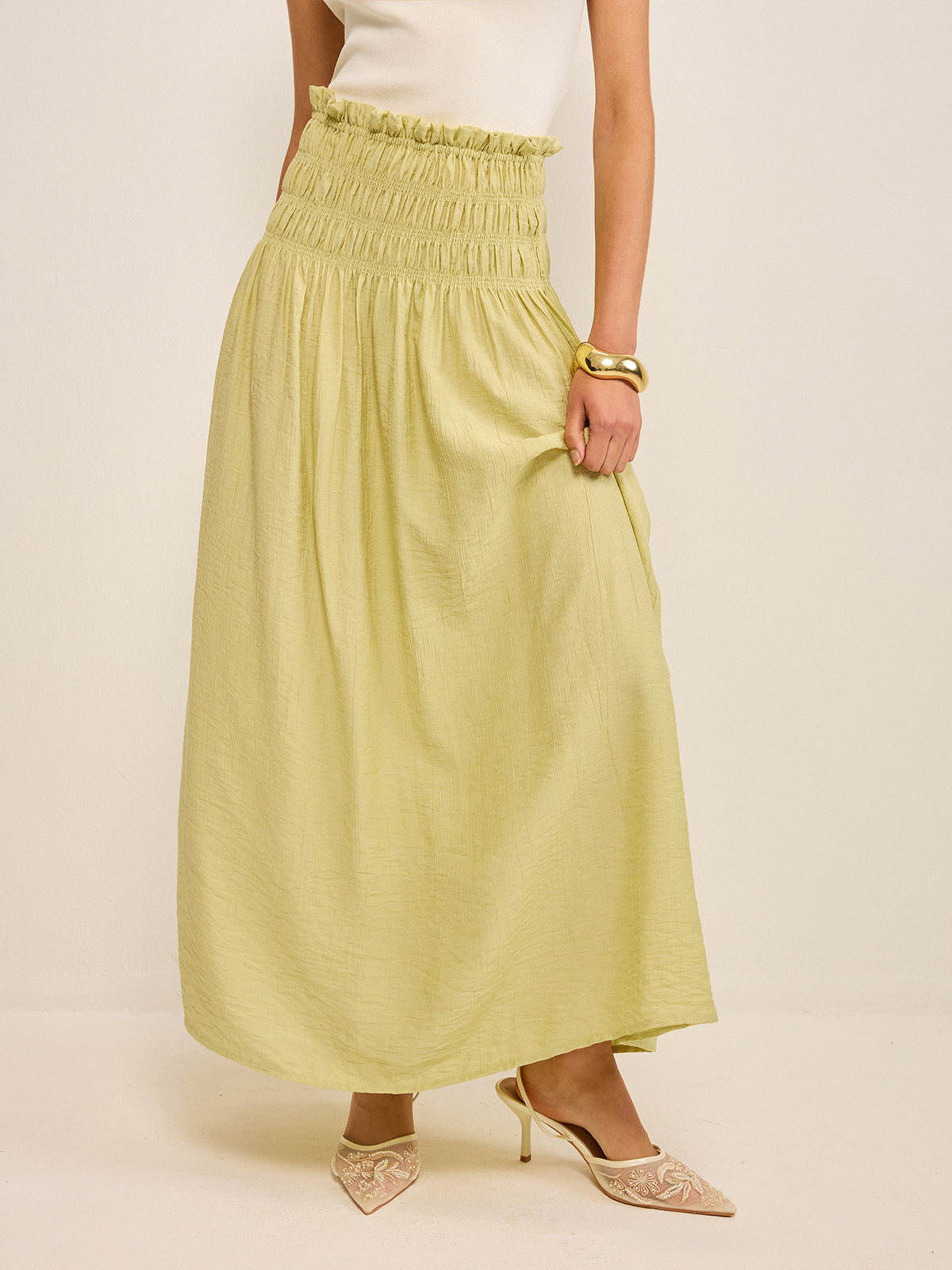 Pleated Linen Smocked Maxi Skirt-Chicvia