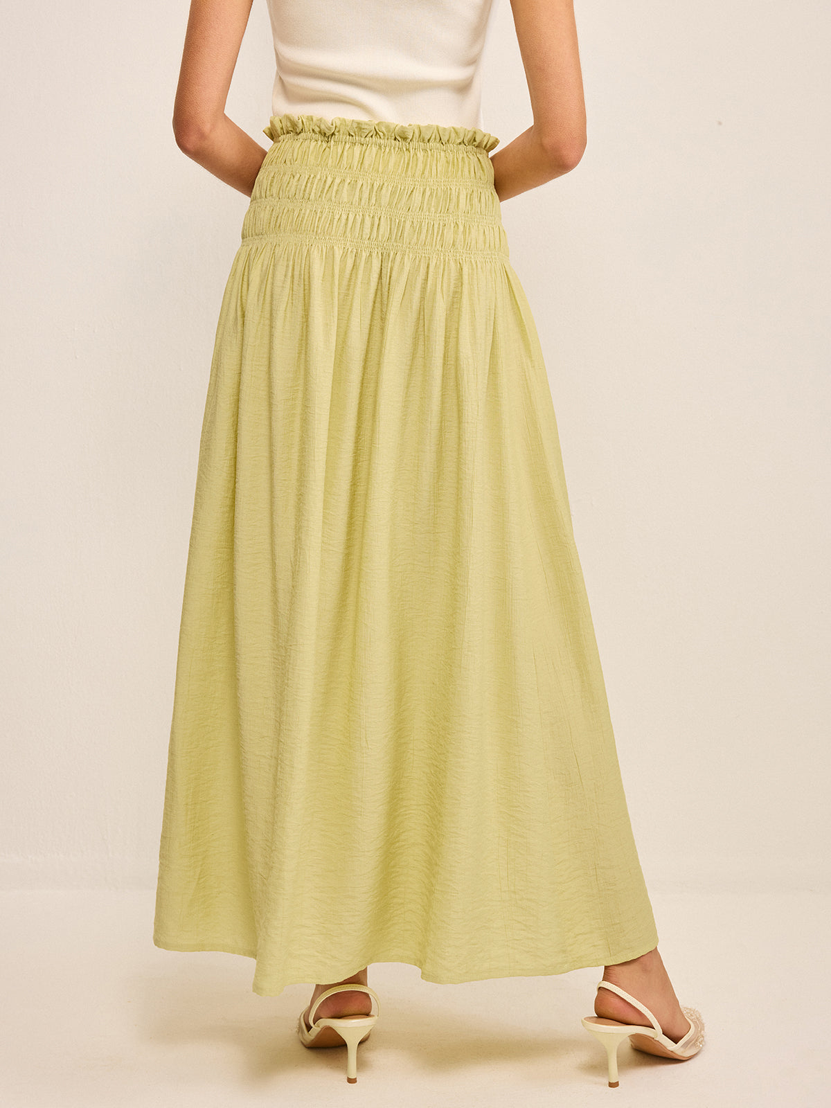 Pleated Linen Smocked Maxi Skirt-Chicvia