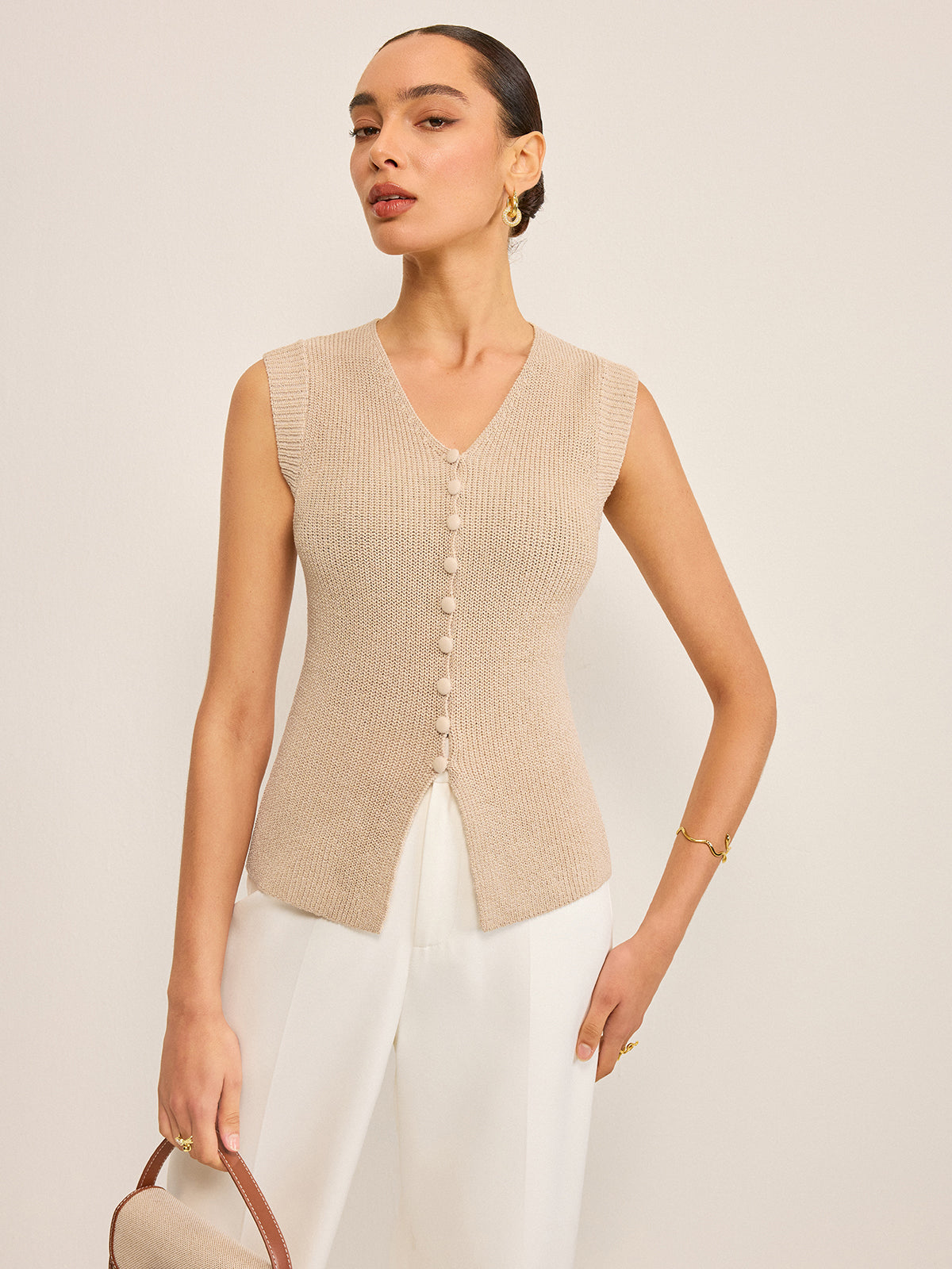 Knitted V-Neck Buttoned Vest-Chicvia
