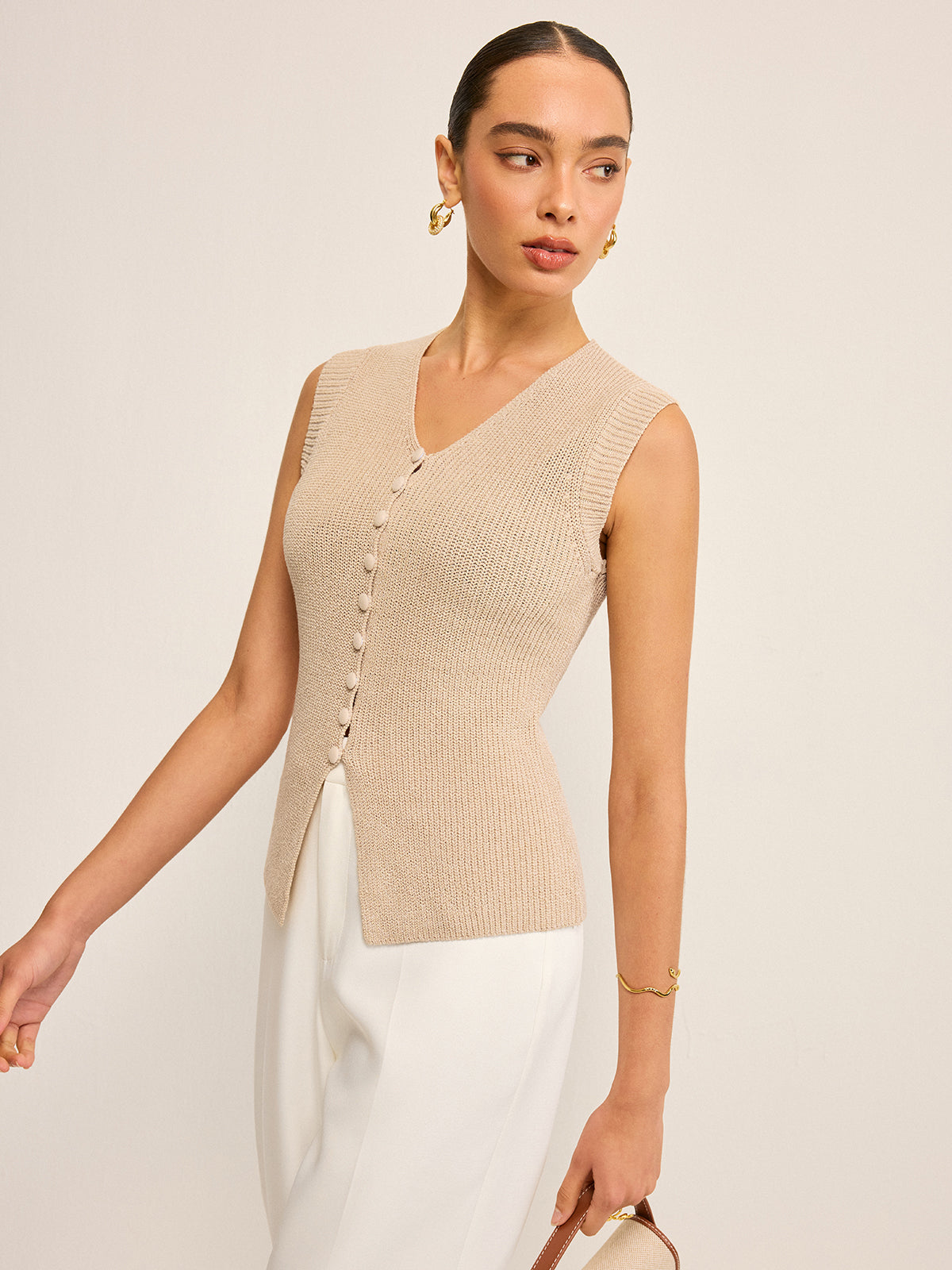 Knitted V-Neck Buttoned Vest-Chicvia