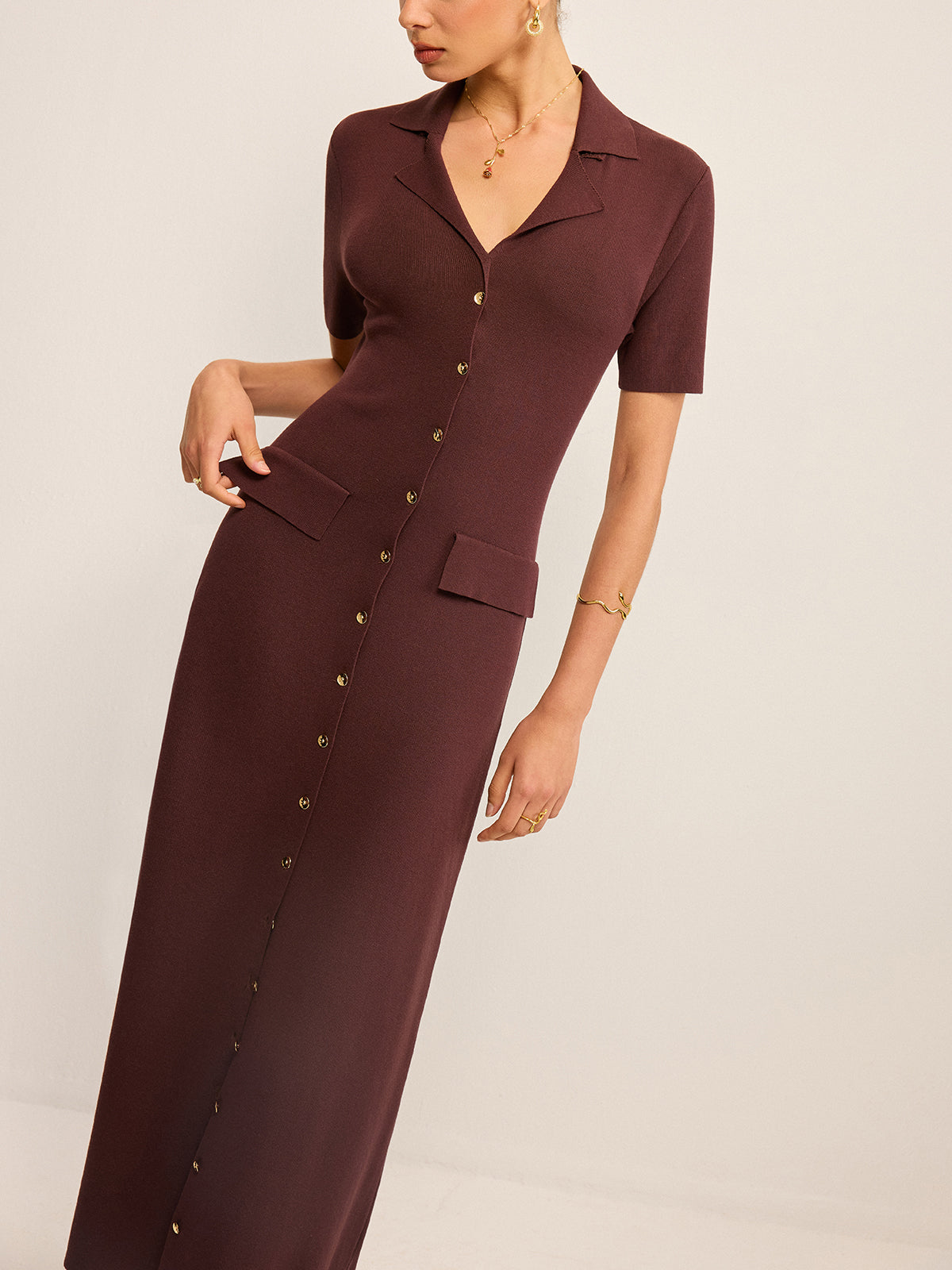 Pocketed Button-Front Maxi Dress-Chicvia