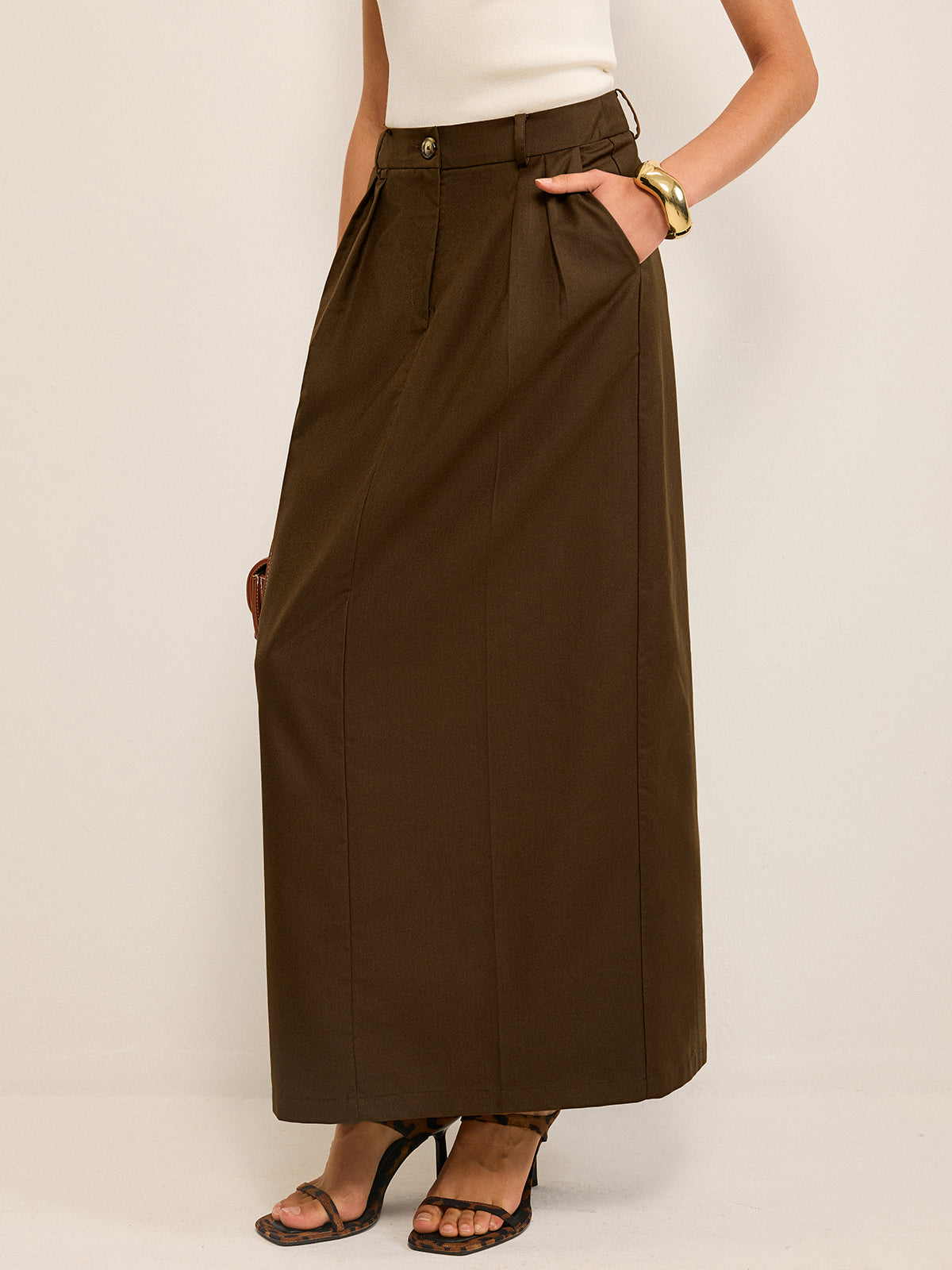 Pocketed High-Waisted Maxi Skirt-Chicvia