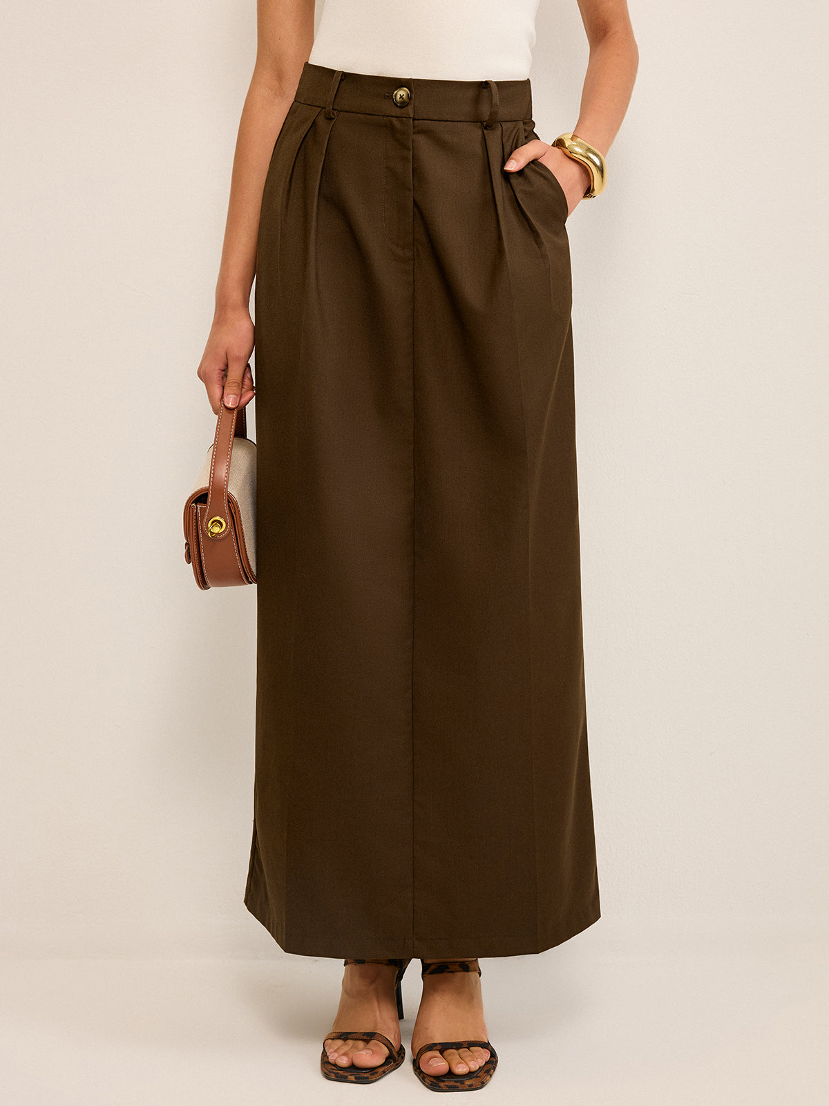 Pocketed High-Waisted Maxi Skirt-Chicvia