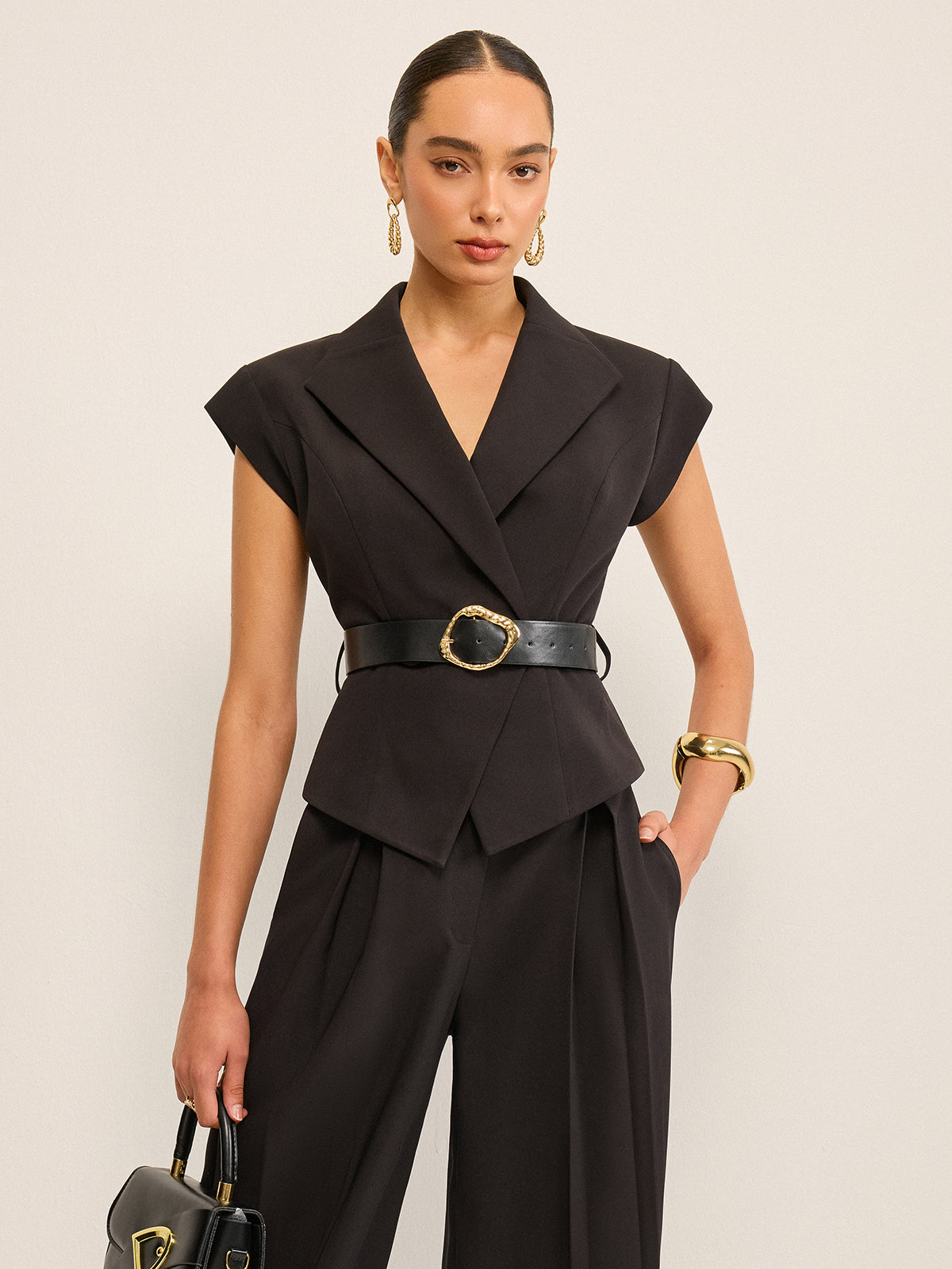 Belted Peplum Vest with Metal Buckle Detail-Chicvia