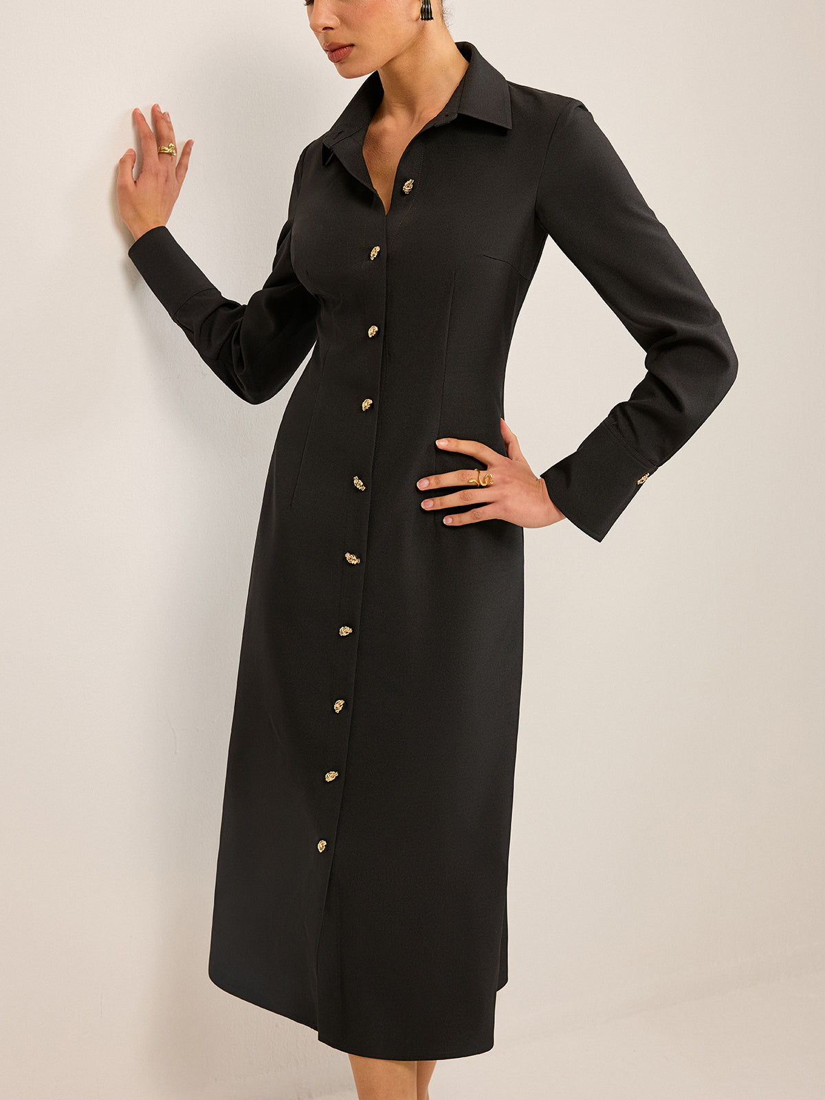 Long Sleeve Button-Front Shirt Dress-Chicvia