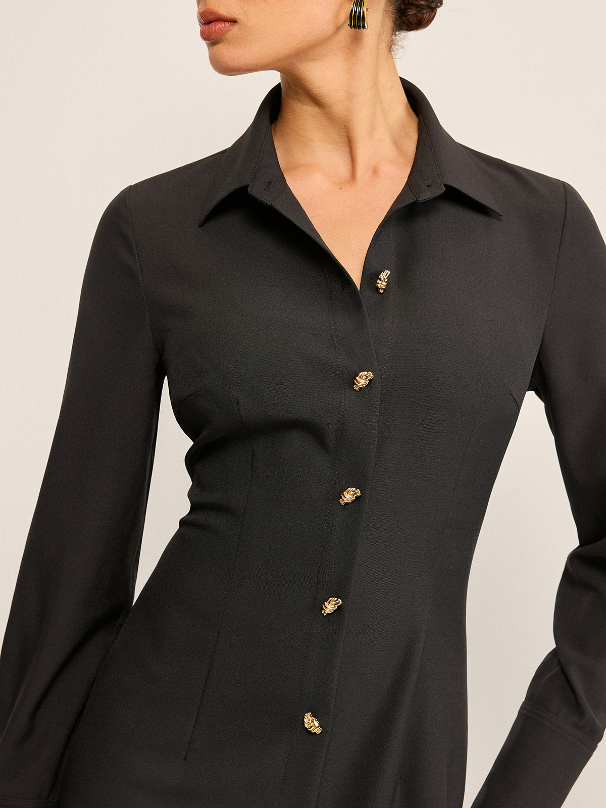 Long Sleeve Button-Front Shirt Dress-Chicvia