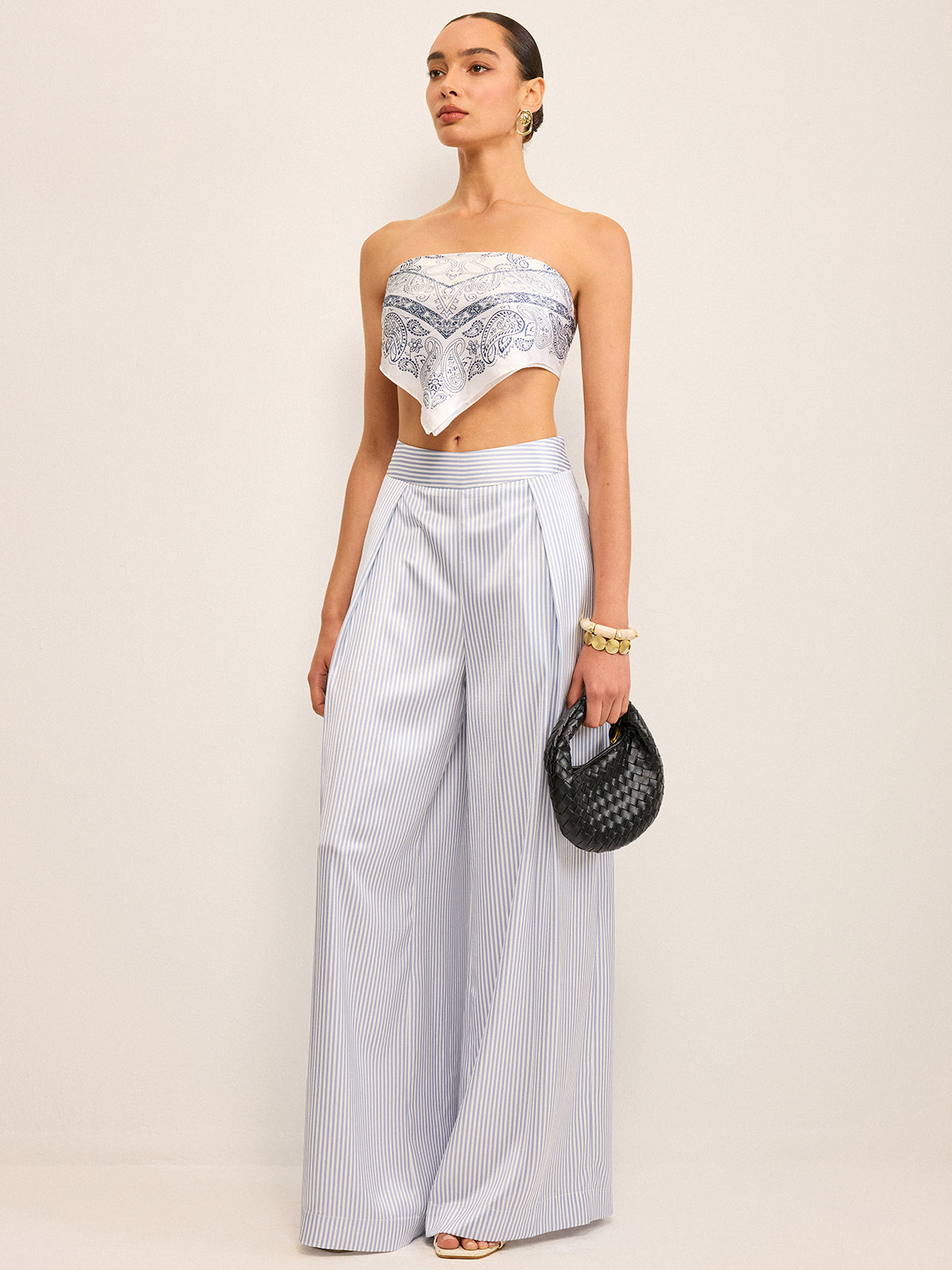 Mid-Waisted Striped Wide-Leg Pants-Chicvia
