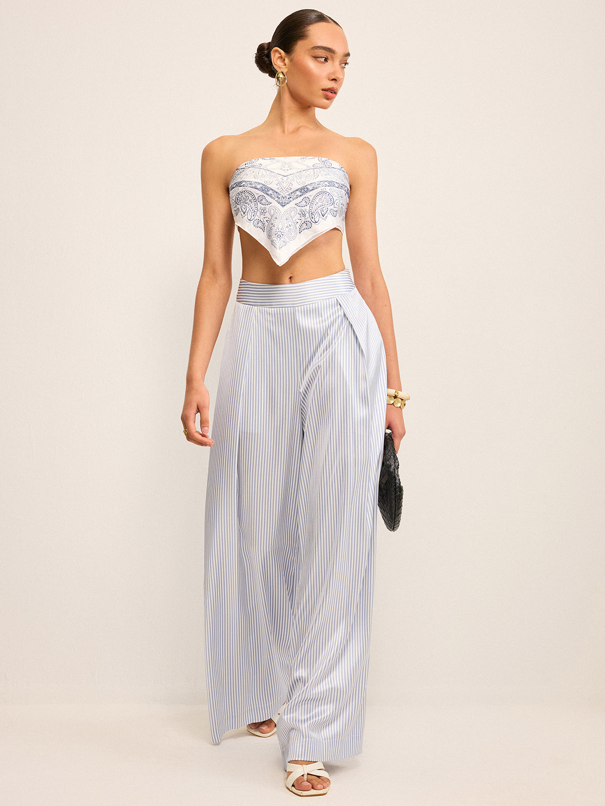 Mid-Waisted Striped Wide-Leg Pants-Chicvia
