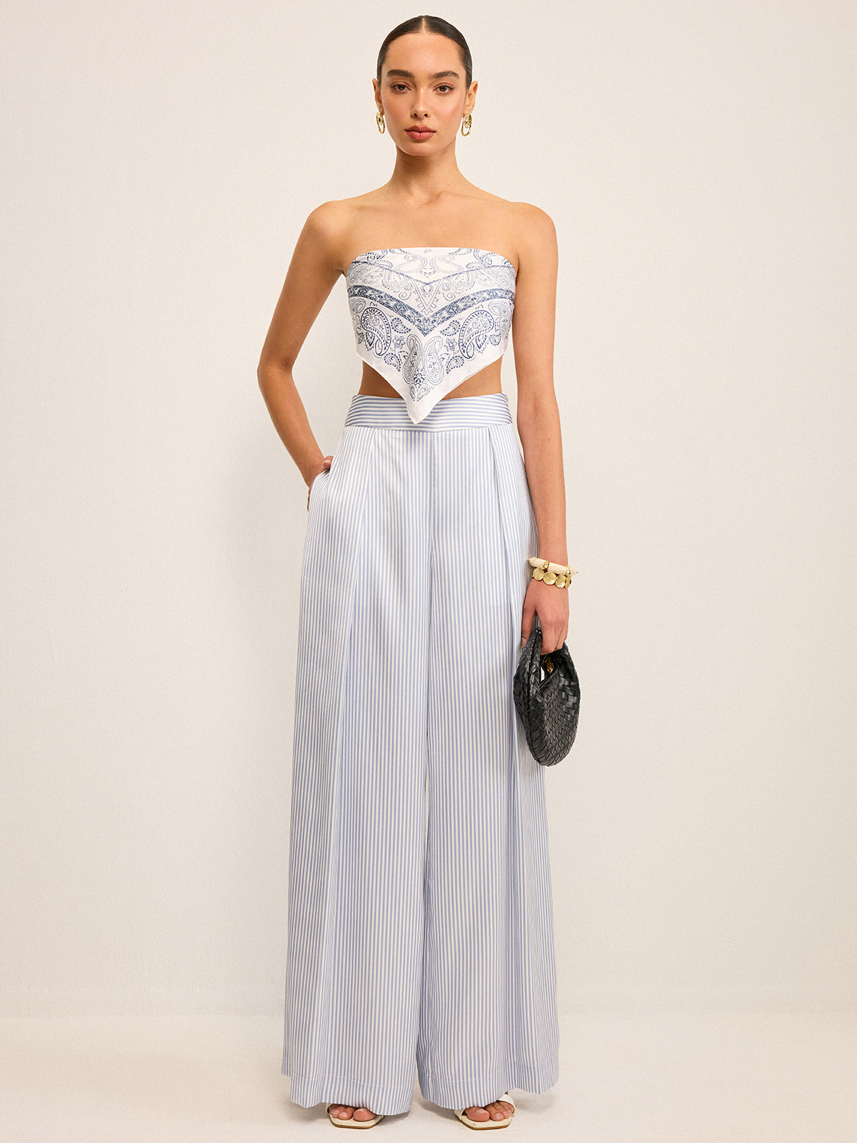 Mid-Waisted Striped Wide-Leg Pants-Chicvia