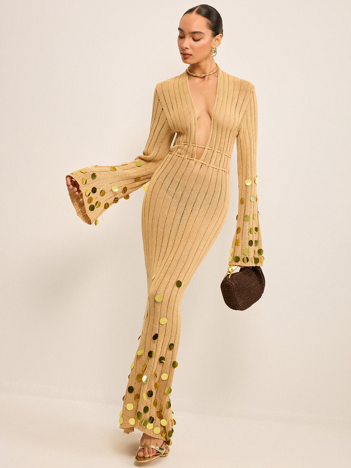 Knit Maxi Dress with Sequin Embellishments-Chicvia