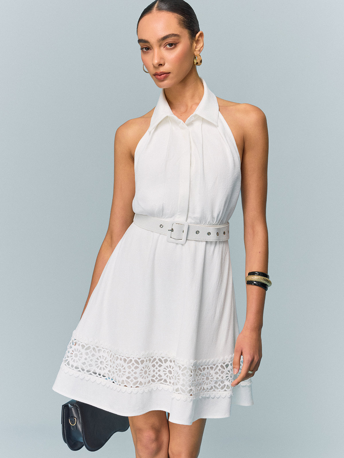 Linen Halter Belted Dress with Lace Hem-Chicvia
