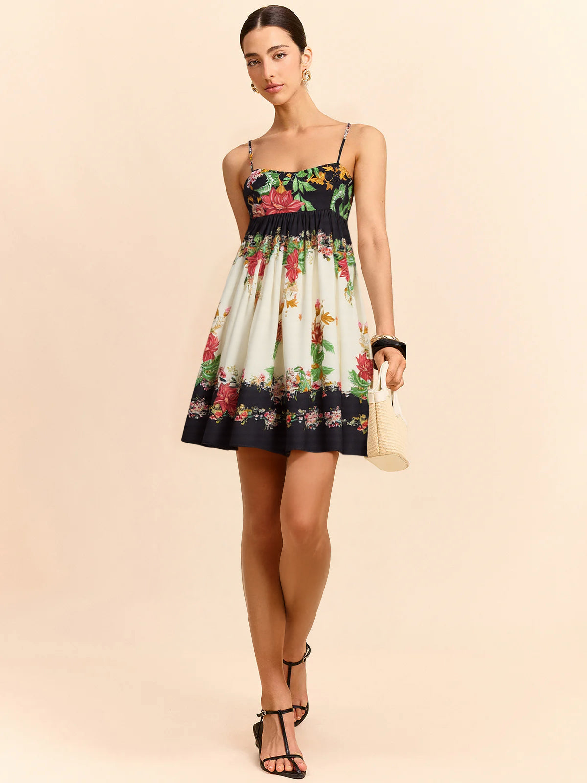 Floral Print Spaghetti Strap Mini Dress-Chicvia